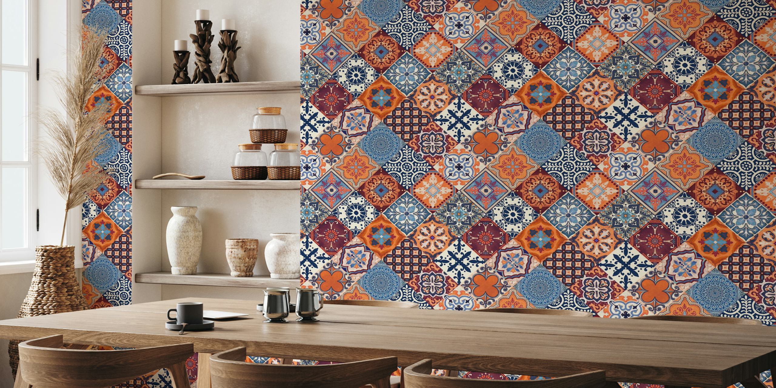 Carta da parati Talavera Tiles in blu e arancione