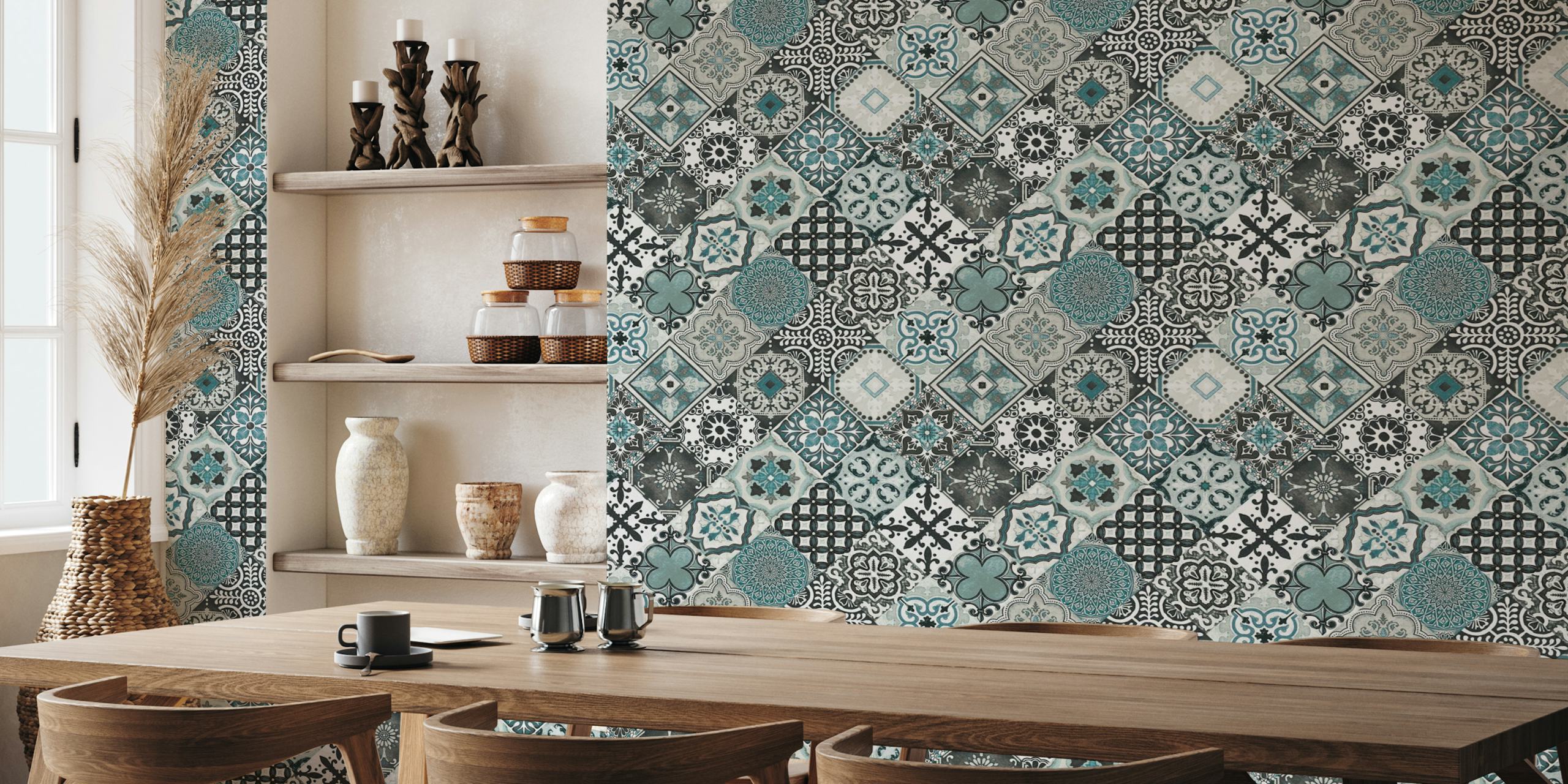 Talavera Tiles Grey Mint Teal papel pintado en una habitación