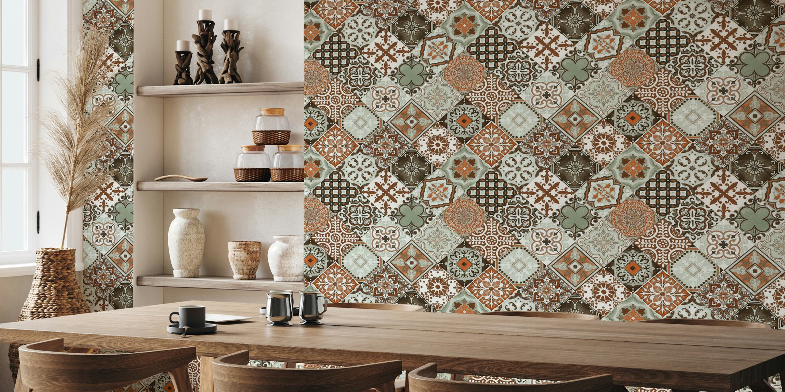 Talavera tile wallpaper featuring sage, orange, and brown patterns