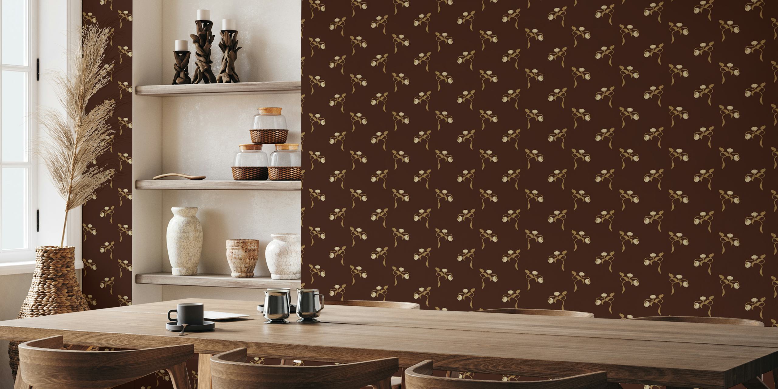 Burgundy floral peony design wallpaper with beige flowers