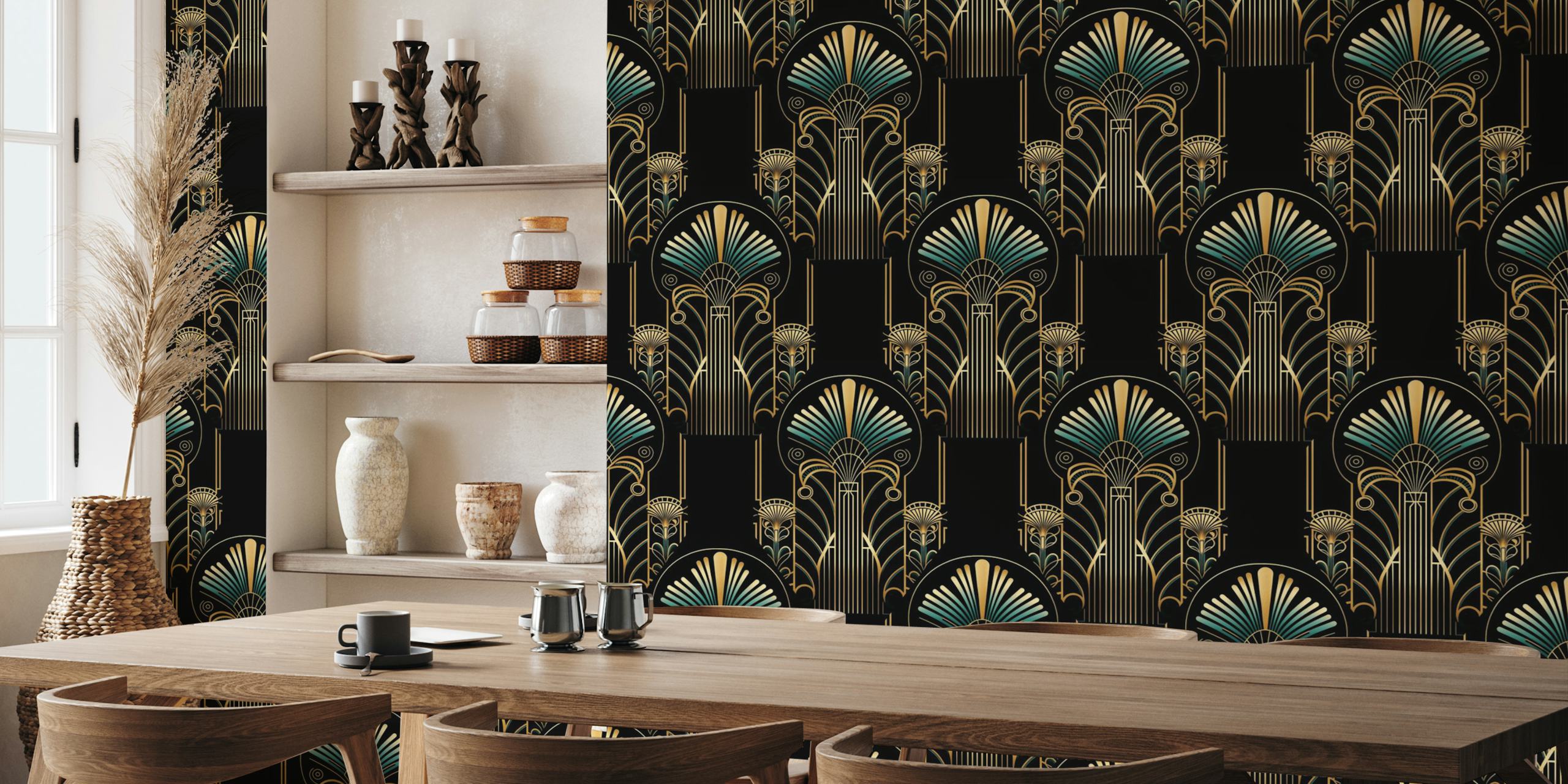 Tapeta Bohemian Luxury Gold Teal v pokoji