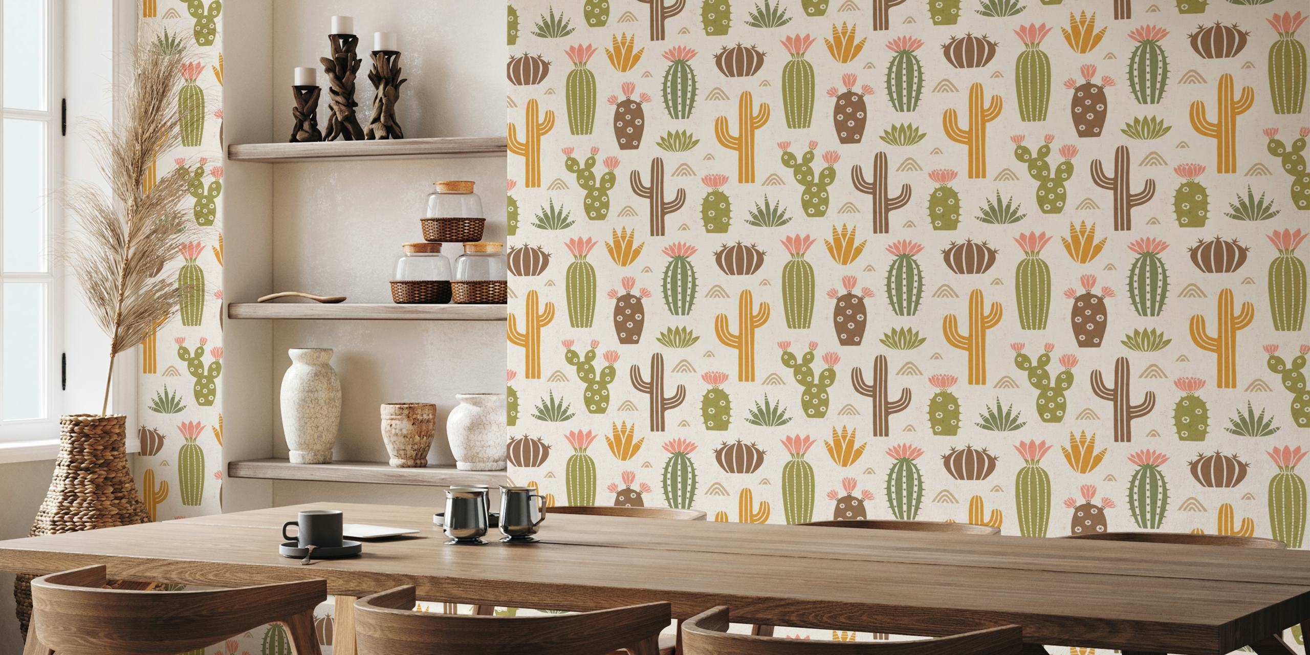 Colorful cactus pattern in pink, green, and brown wallpaper