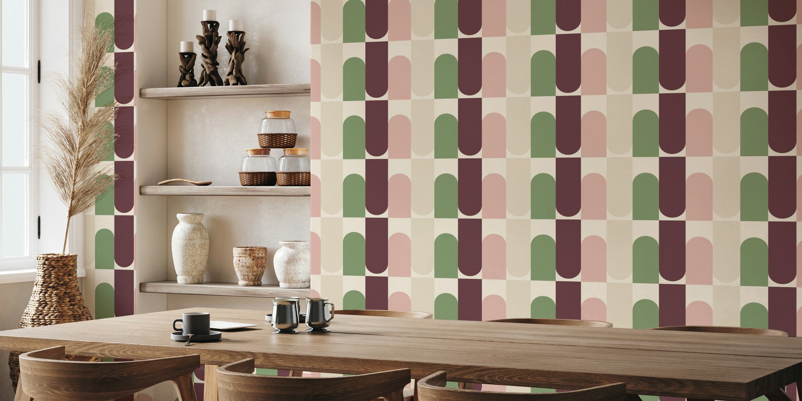 Geometric shapes in green, burgundy, and pink on beige wallpaper
