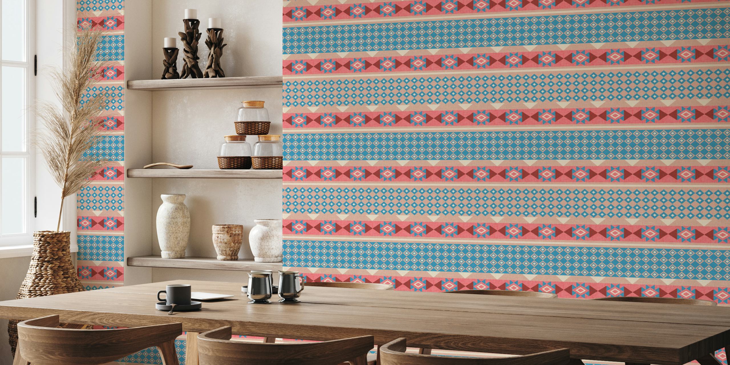 Geometric patterns in pink and blue colors, boho style wallpaper
