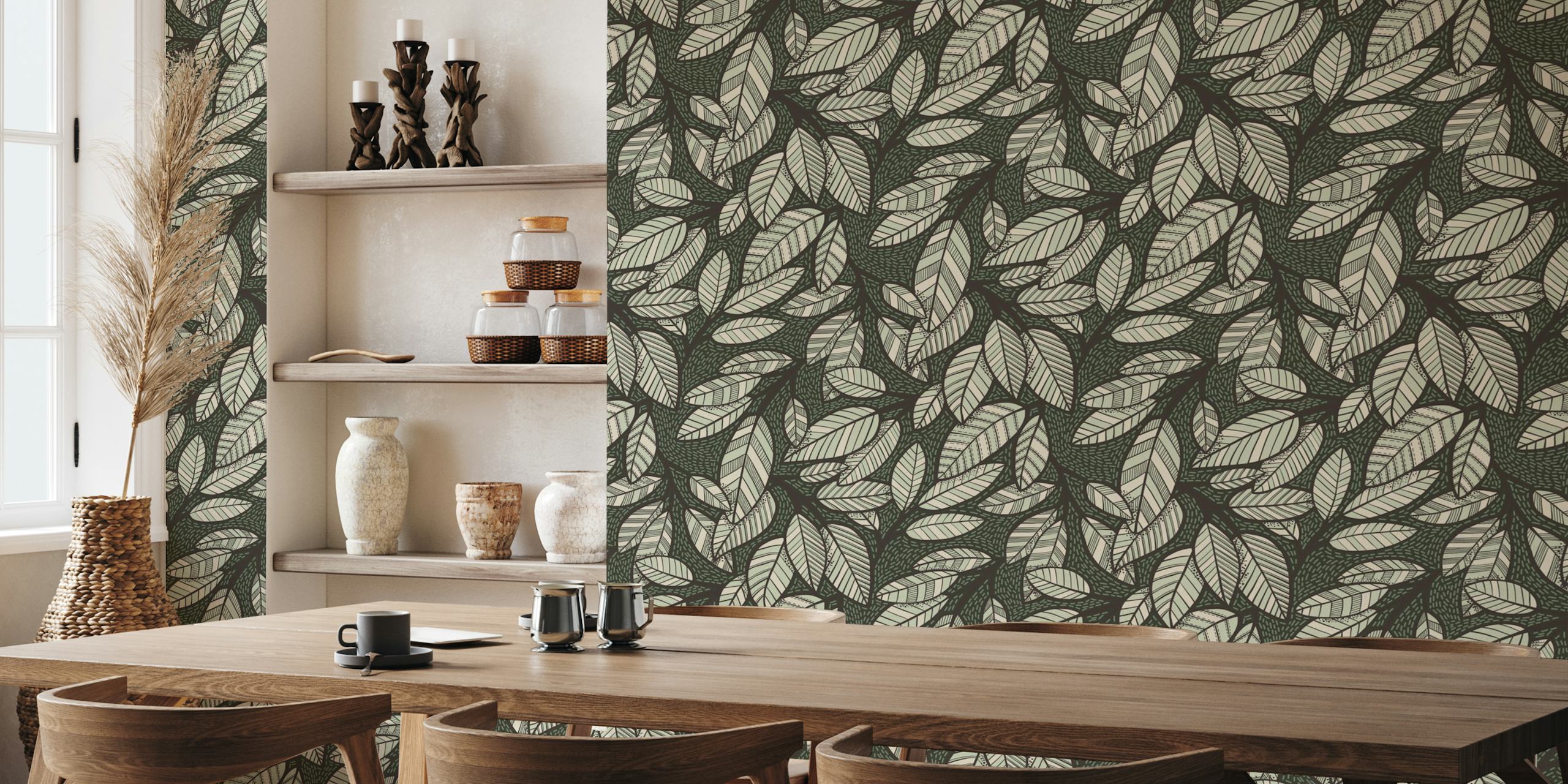 Dark forest leaf pattern wallpaper in a room