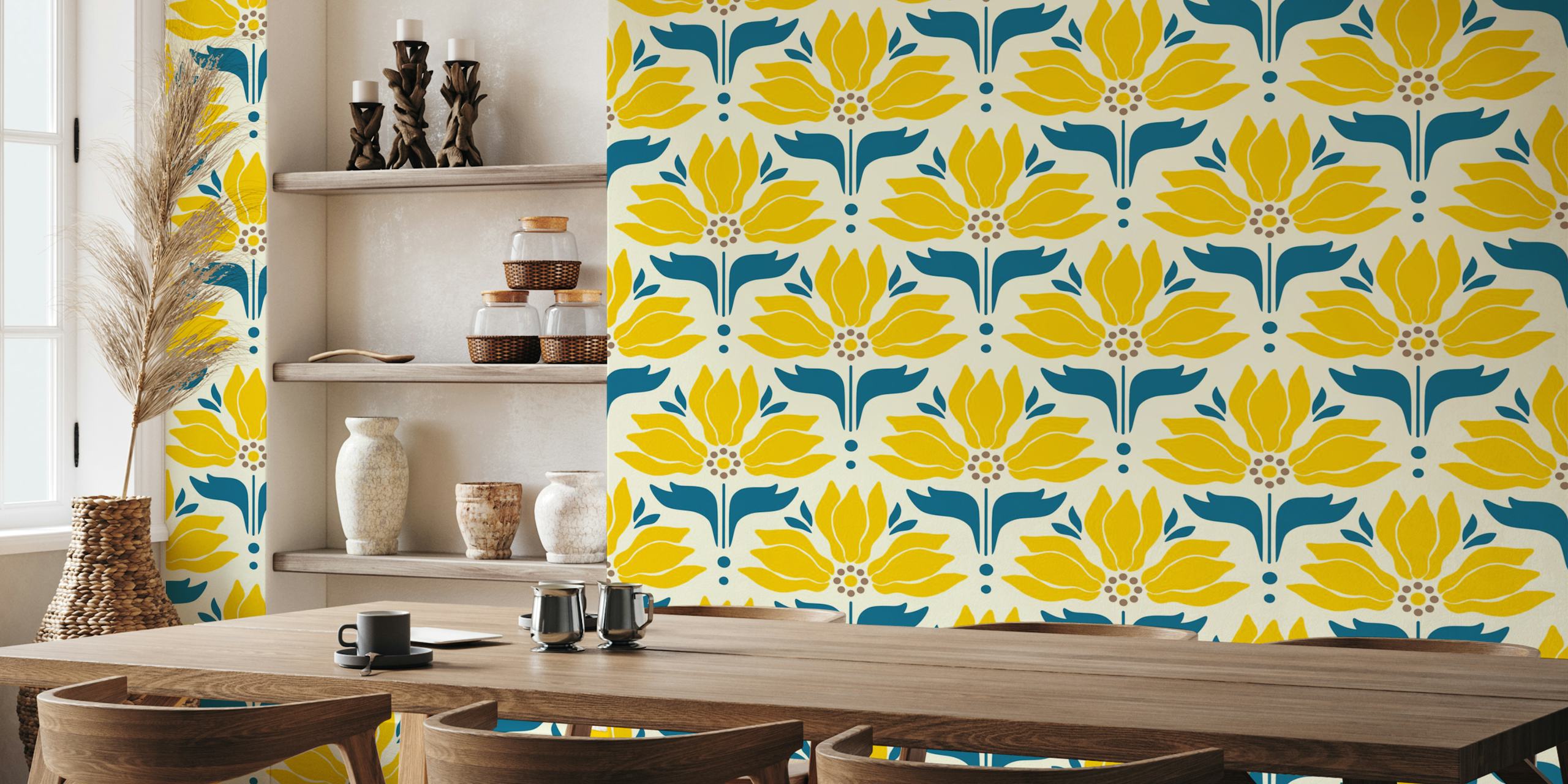 Bright yellow retro floral pattern wallpaper with sunflowers