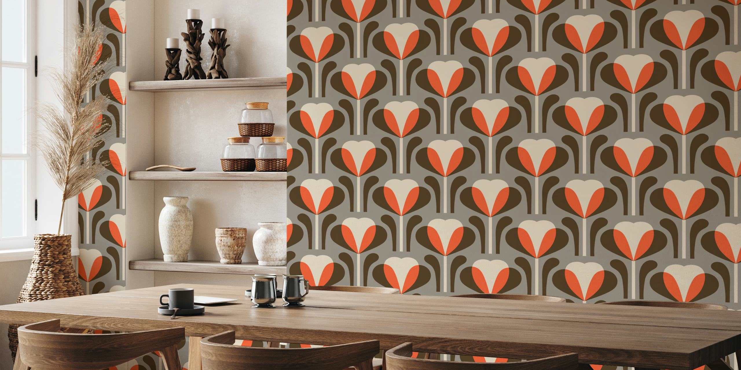Modern floral brown and orange wallpaper design