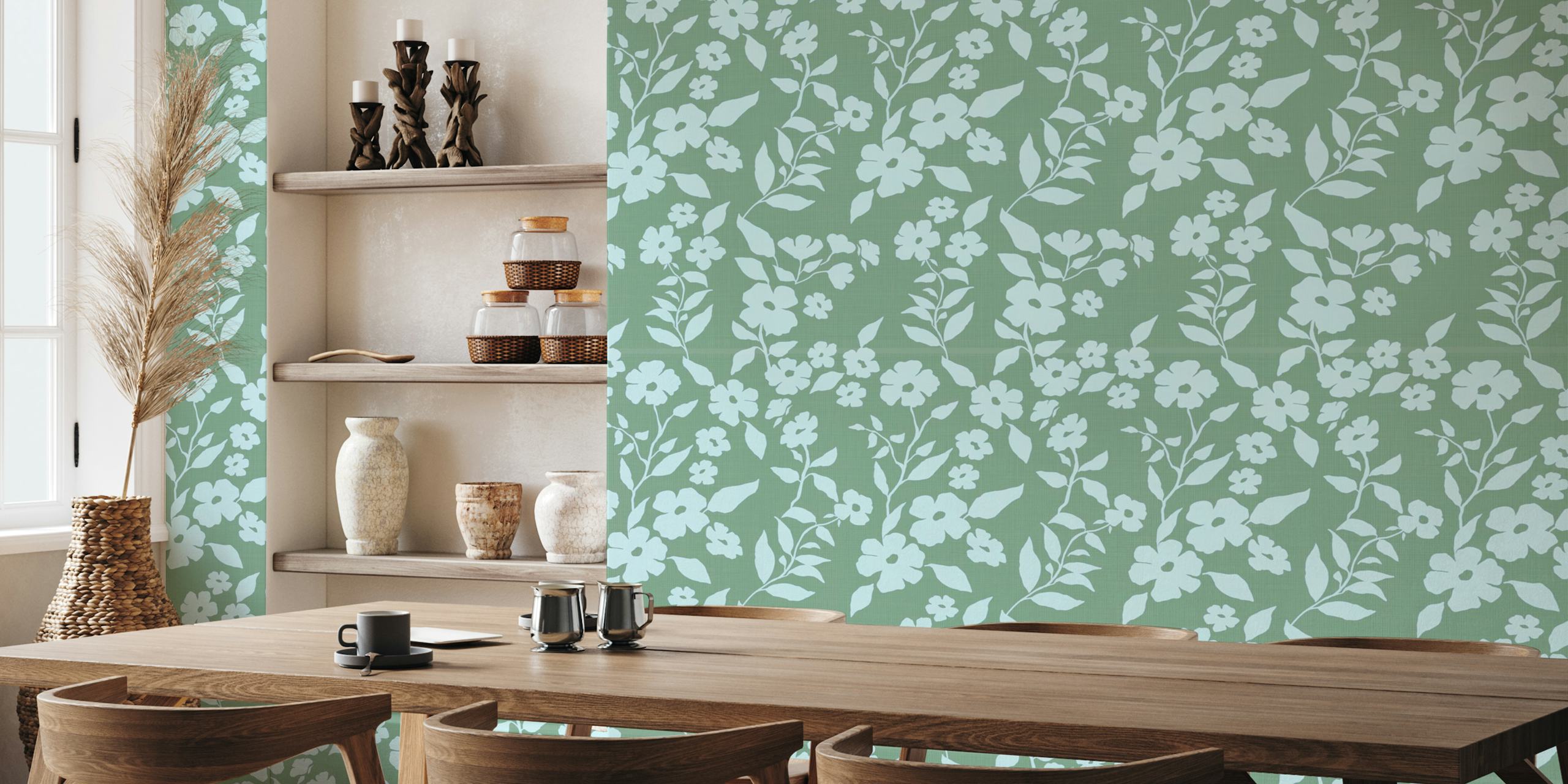 Blue flowers with green leaves on a soft green background wallpaper