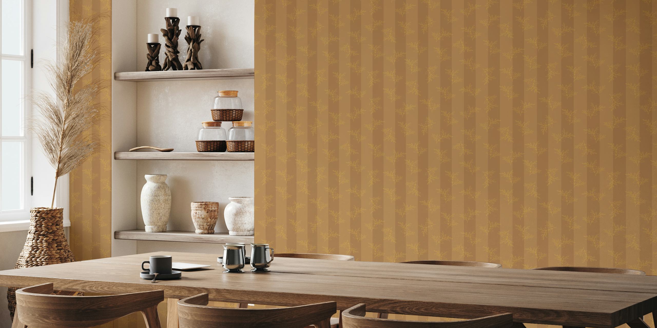 Beige striped wallpaper with delicate botanical illustrations