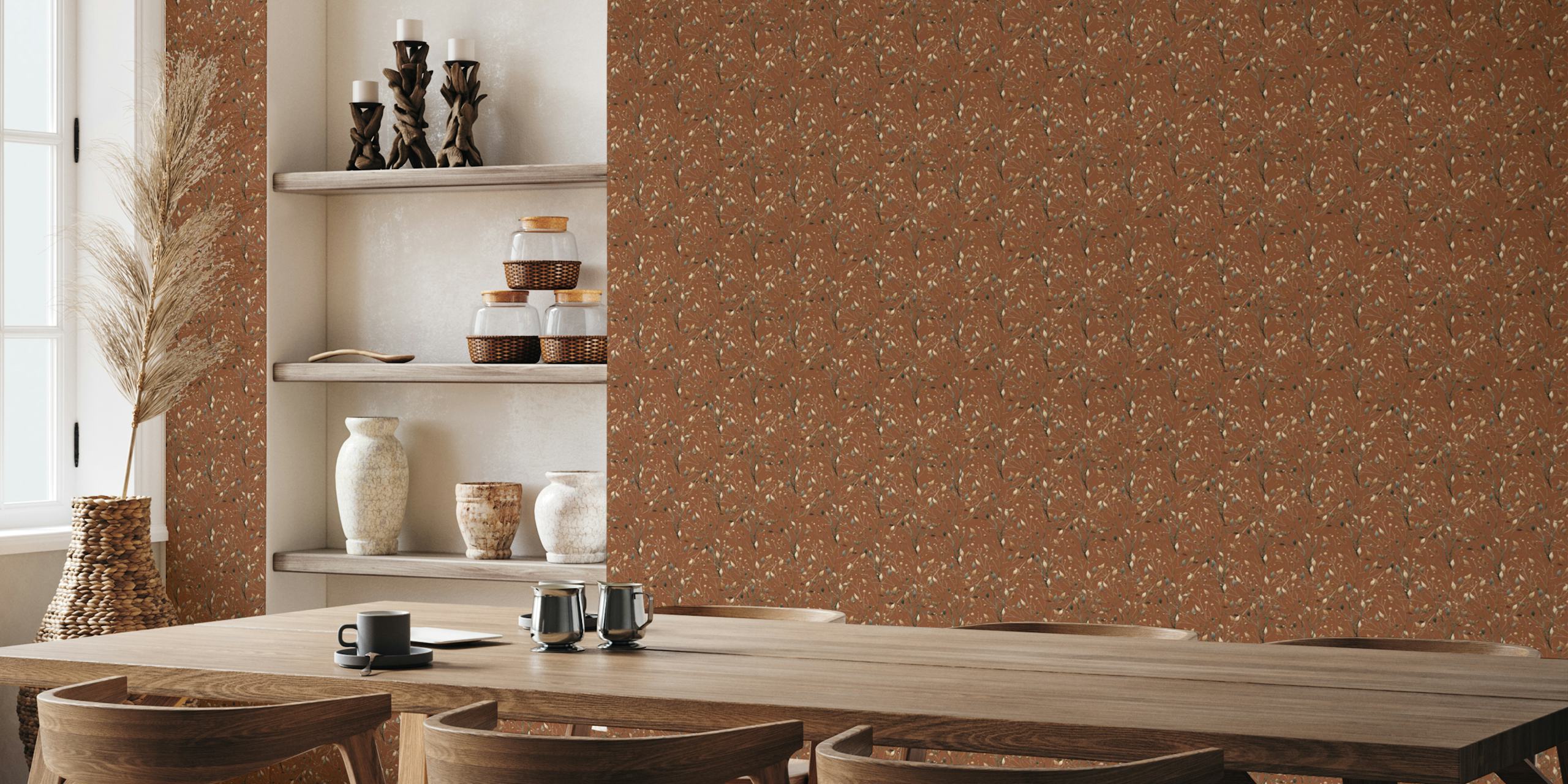 Mid century branches with metallic gold accents on a brown background wallpaper