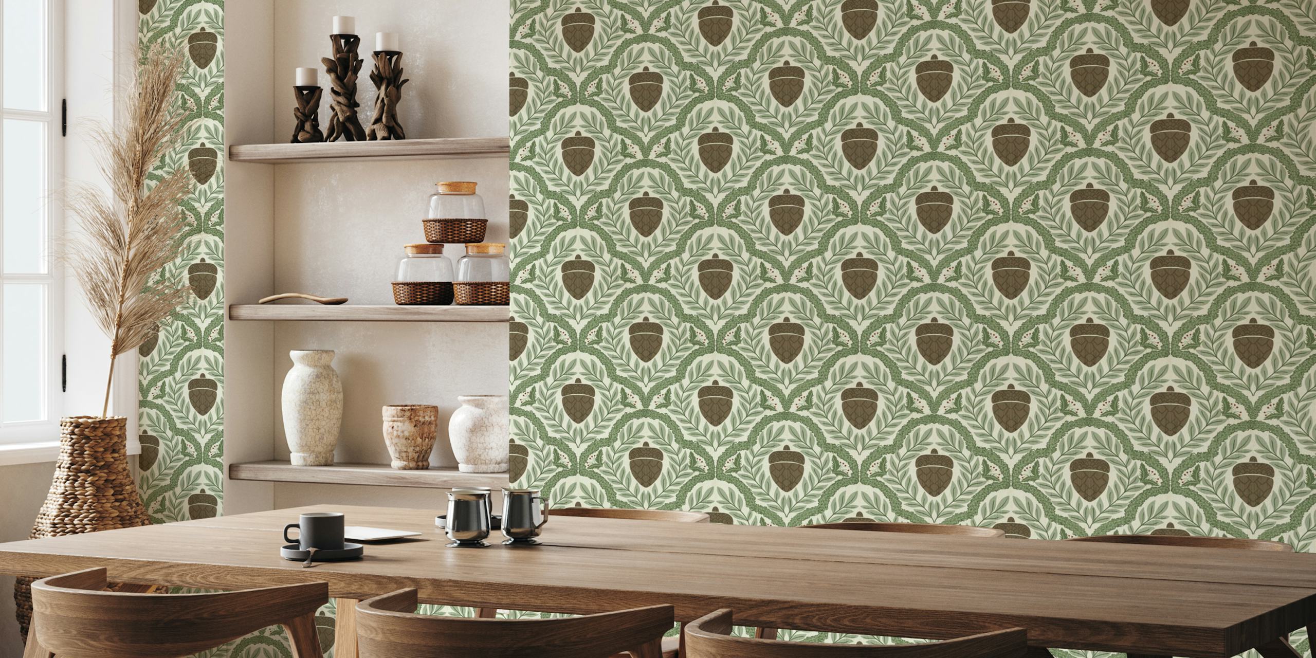 Foliage with pine acorns and berries in green tones wallpaper