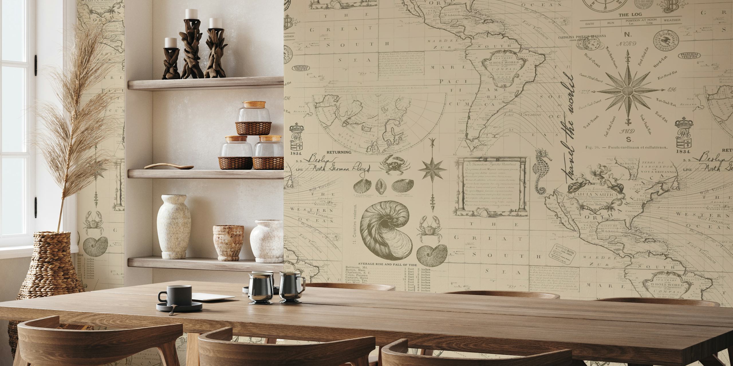 Nautical Mural Wallpaper em tons de sépia