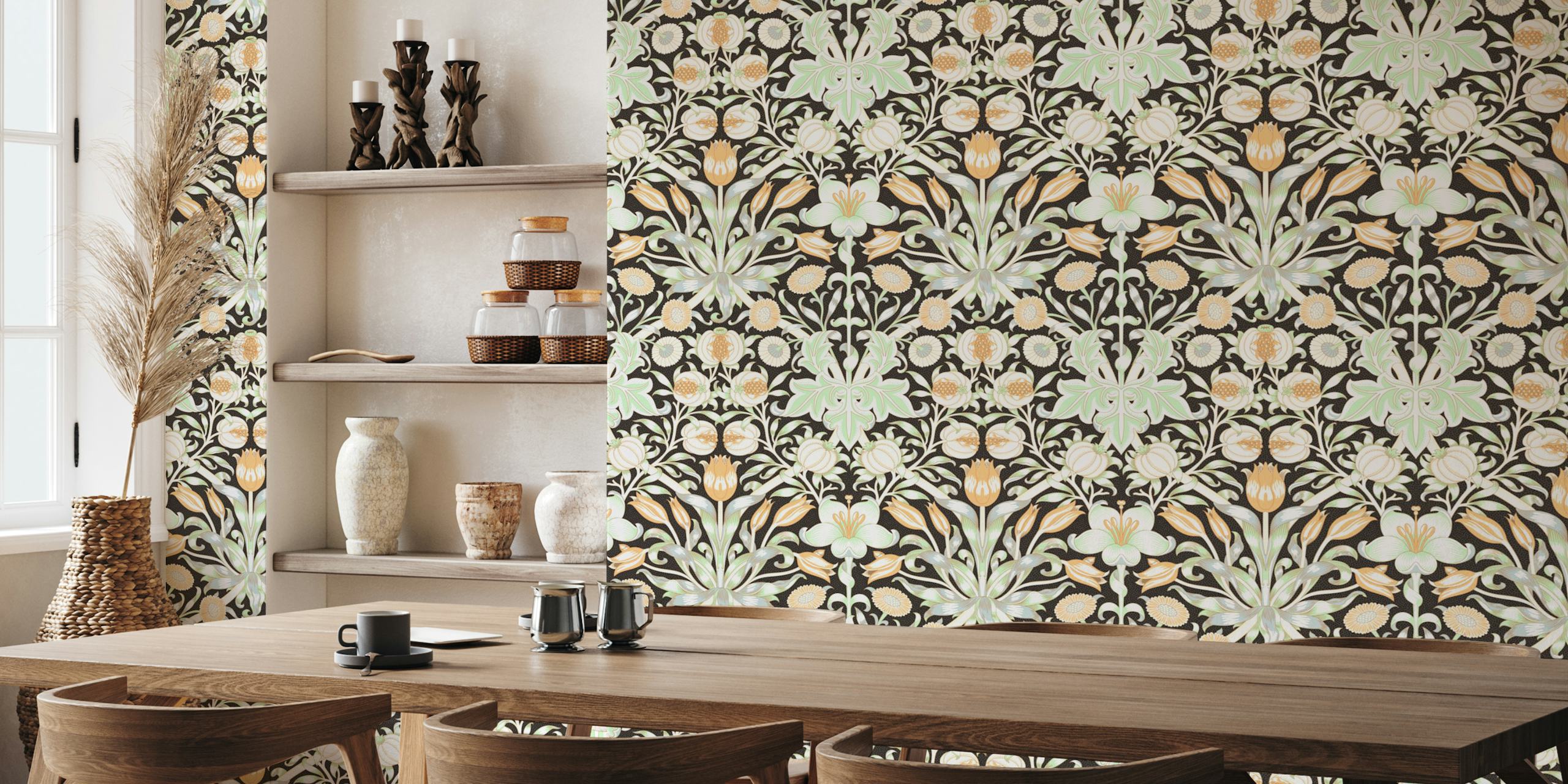 Vintage Lily and Pomegranate black wallpaper design