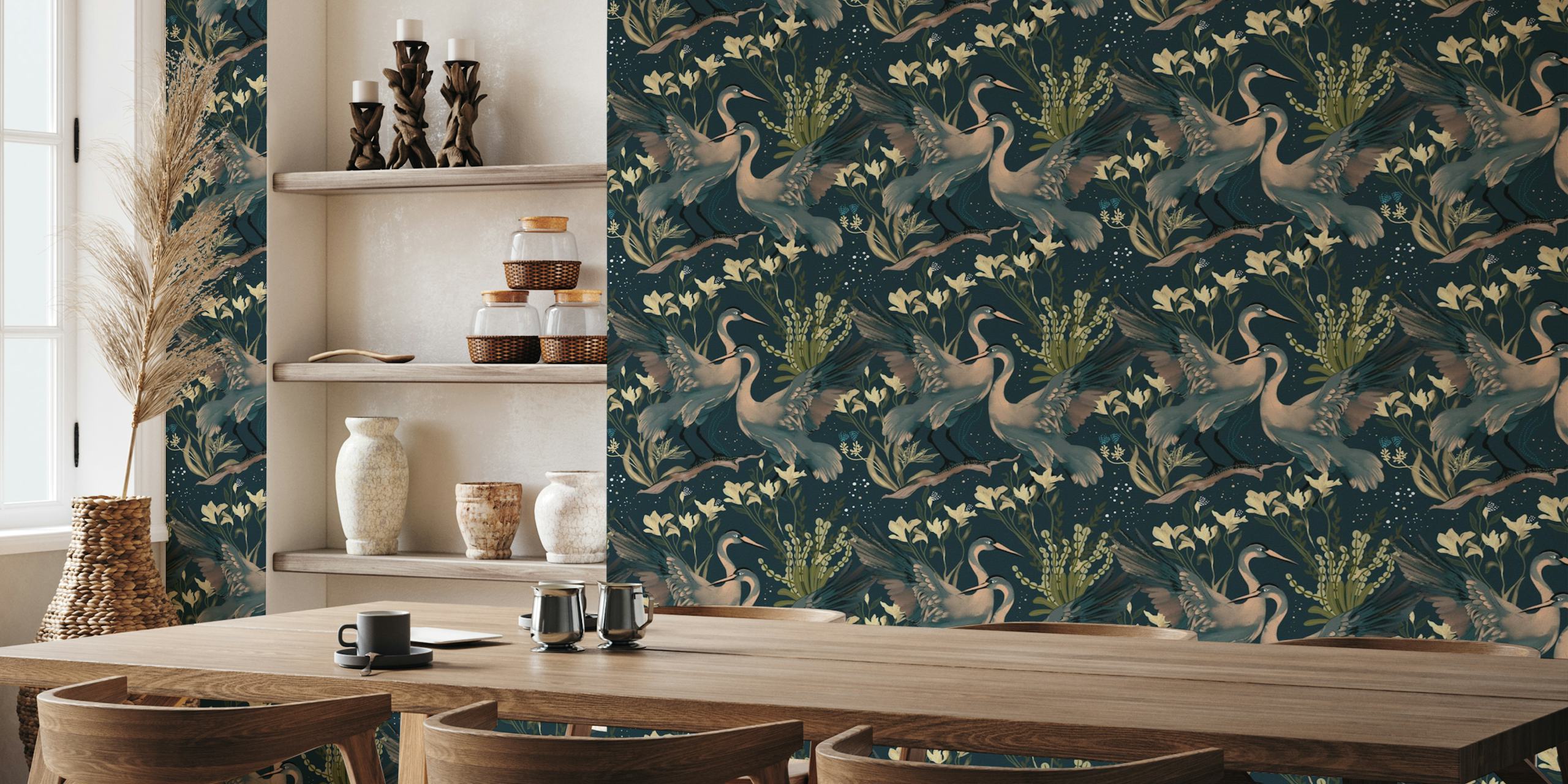 Mystic Swan Botanica Tapetdesign in einem Raum