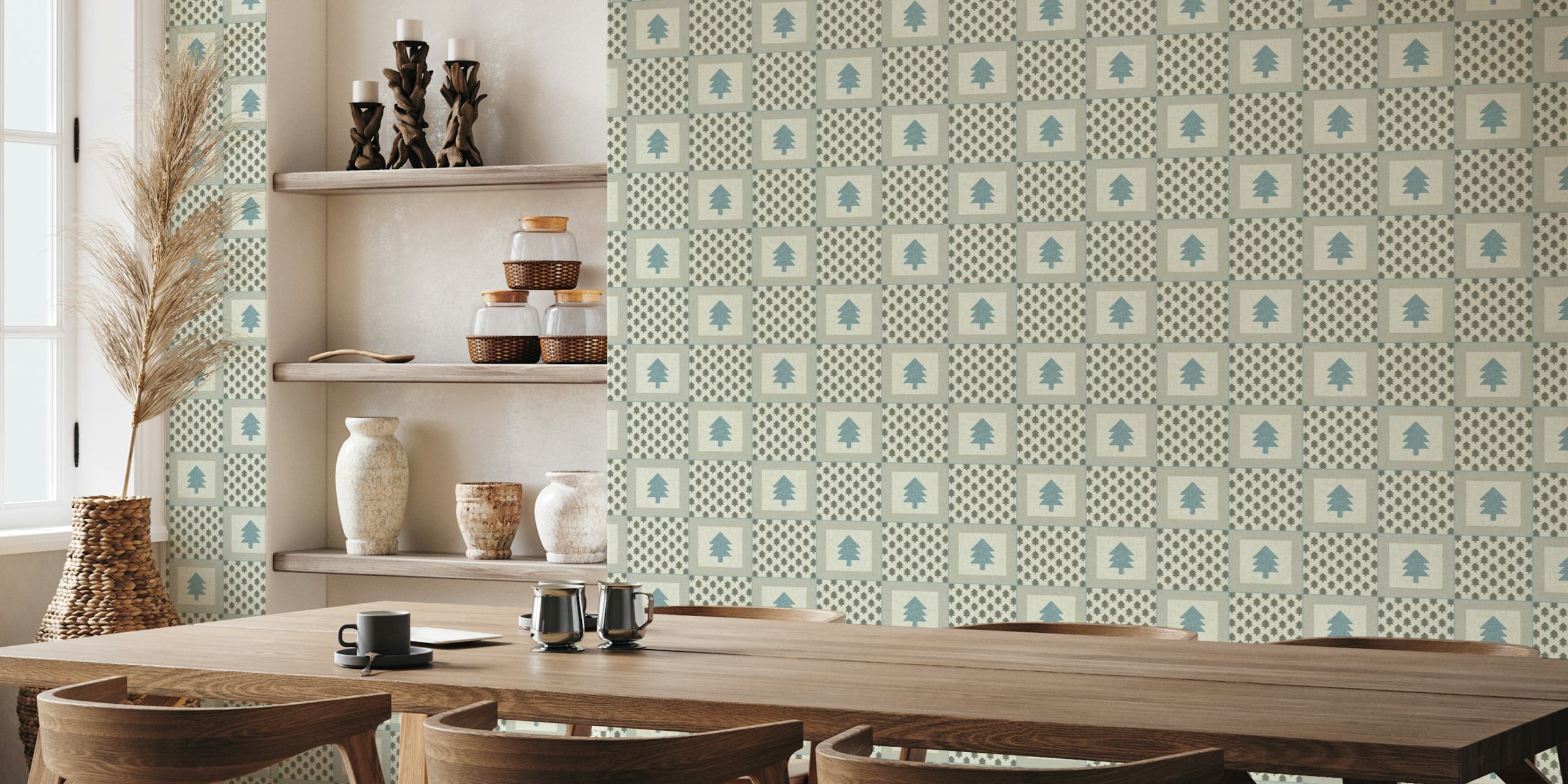 Fir tree grid neutral grey tapetti huoneessa