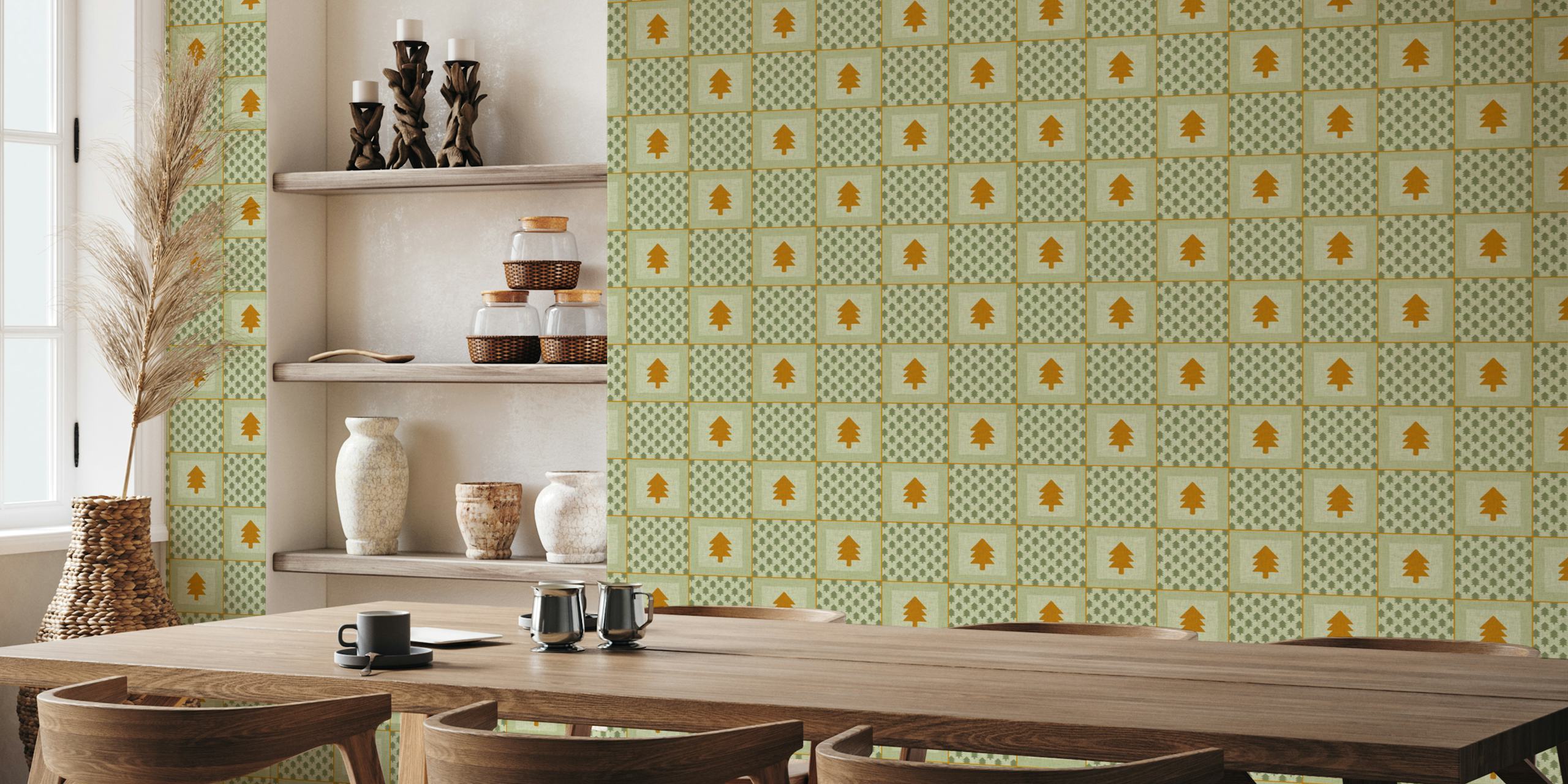 Green fir tree grid pattern wallpaper