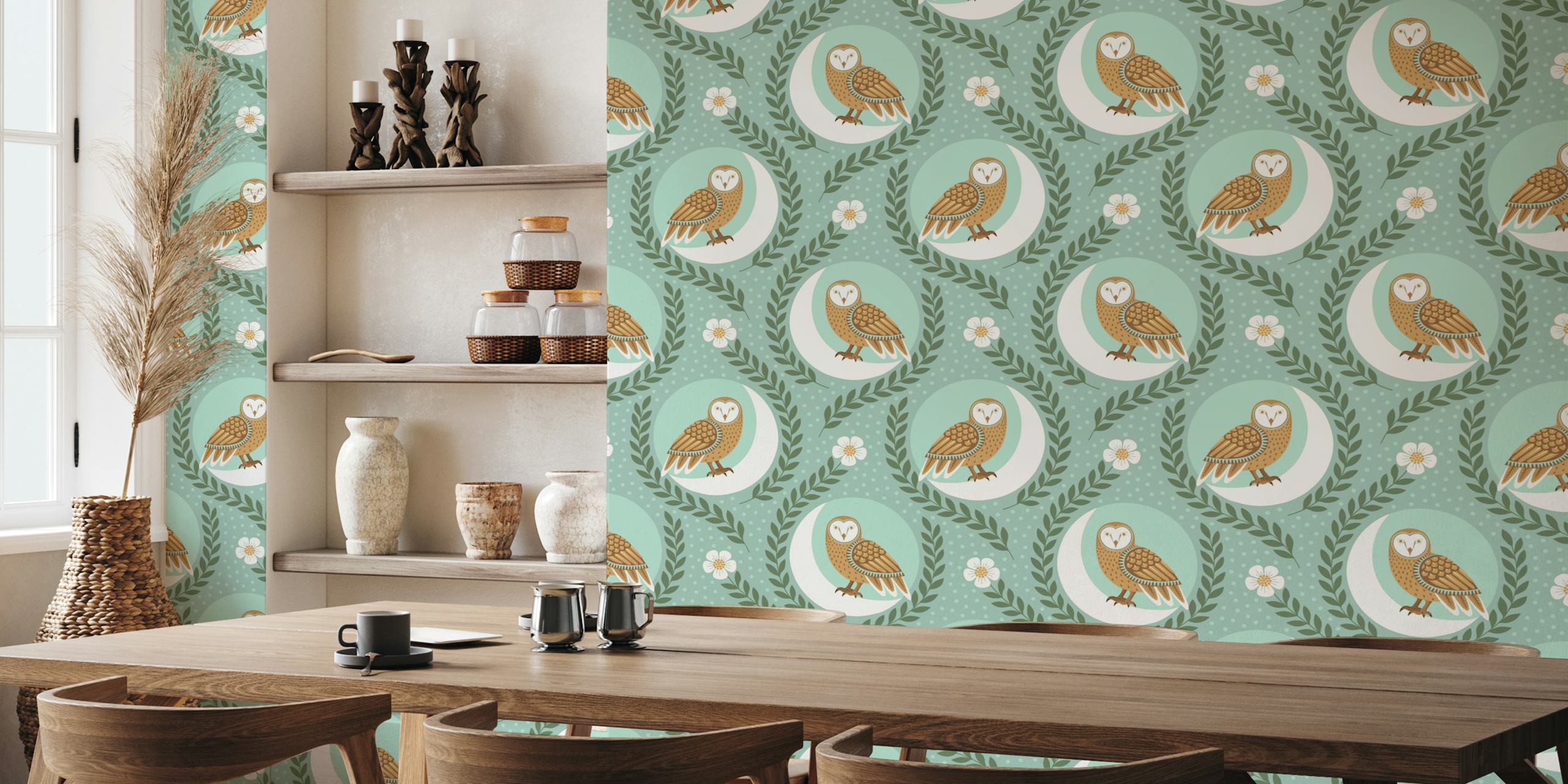 Cabincore night owl green wallpaper design