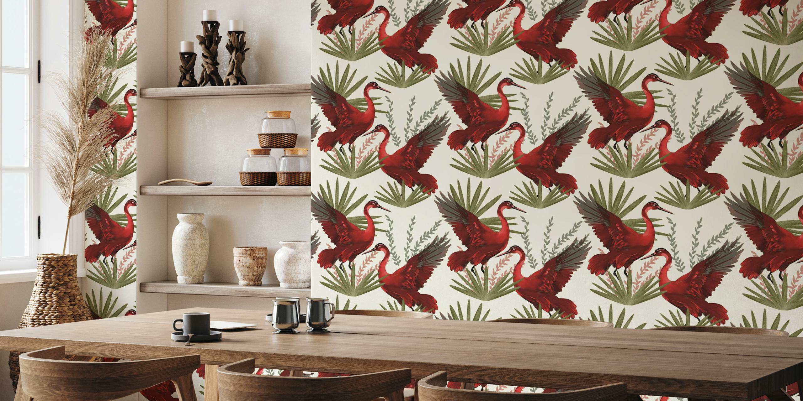 Red birds among green foliage on cream background wallpaper