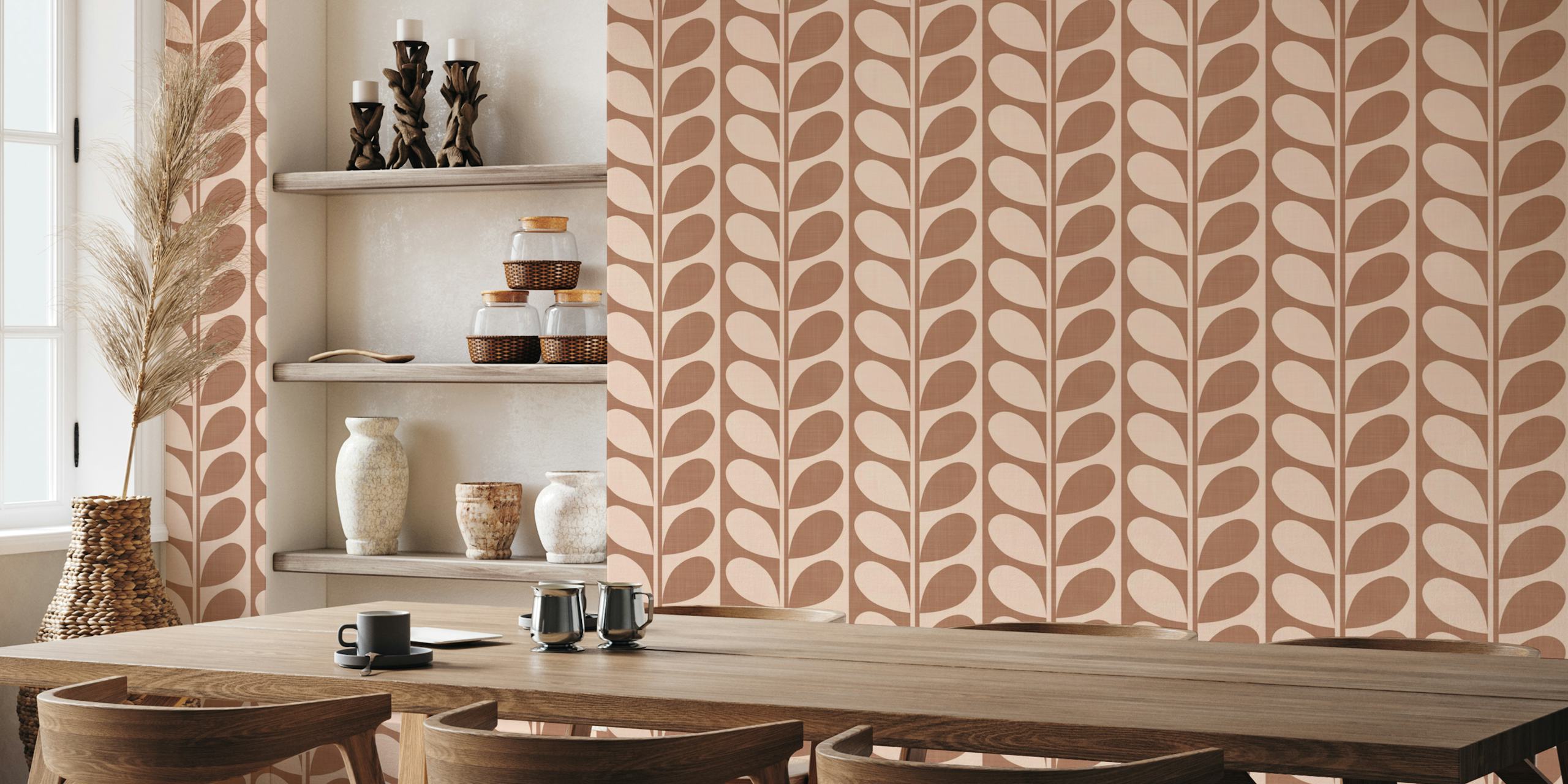 Abstract leaves pattern in mocha and beige stripes wallpaper