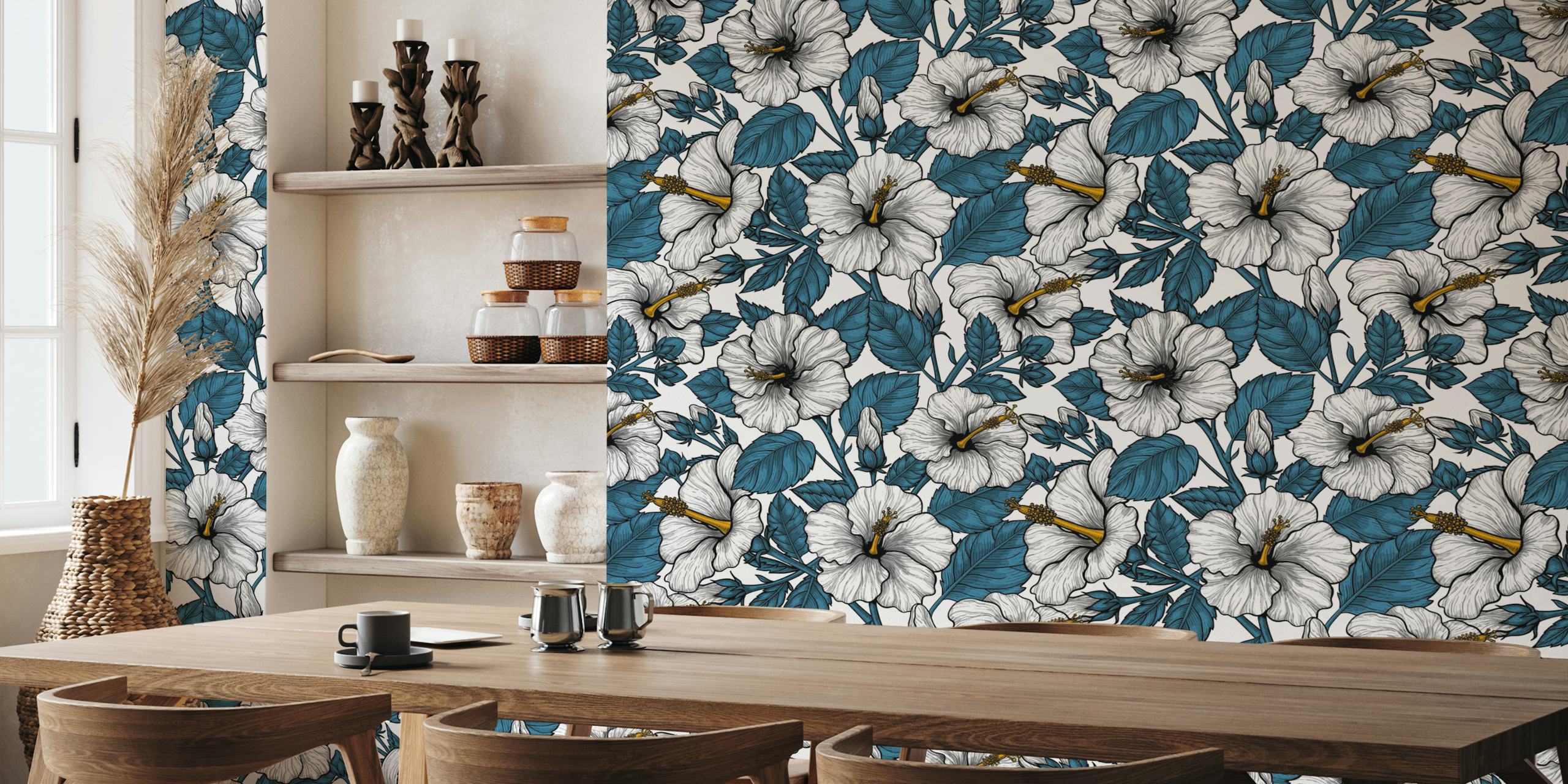 Carta da parati White hibiscus e blue leaves nella stanza