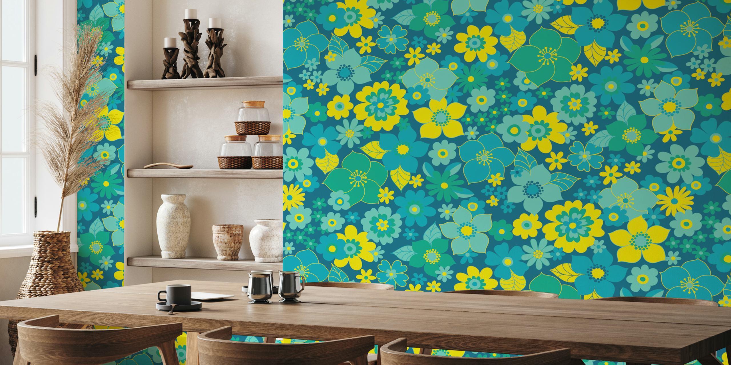 Colorful floral design with lemon, mint, and turquoise flowers wallpaper