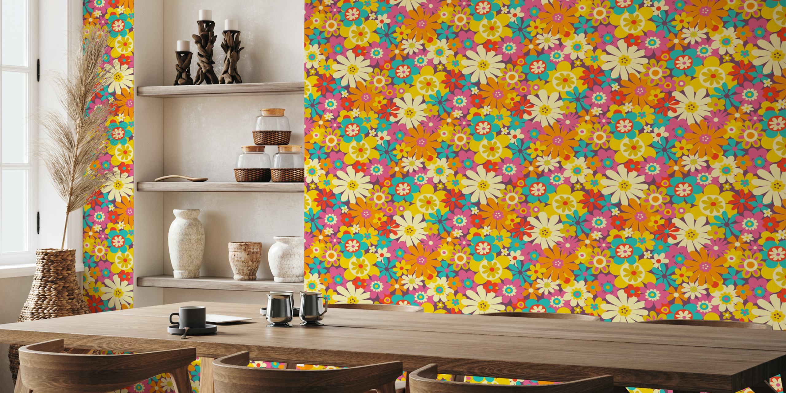 Retro psychedelic flowers behang in een kamer