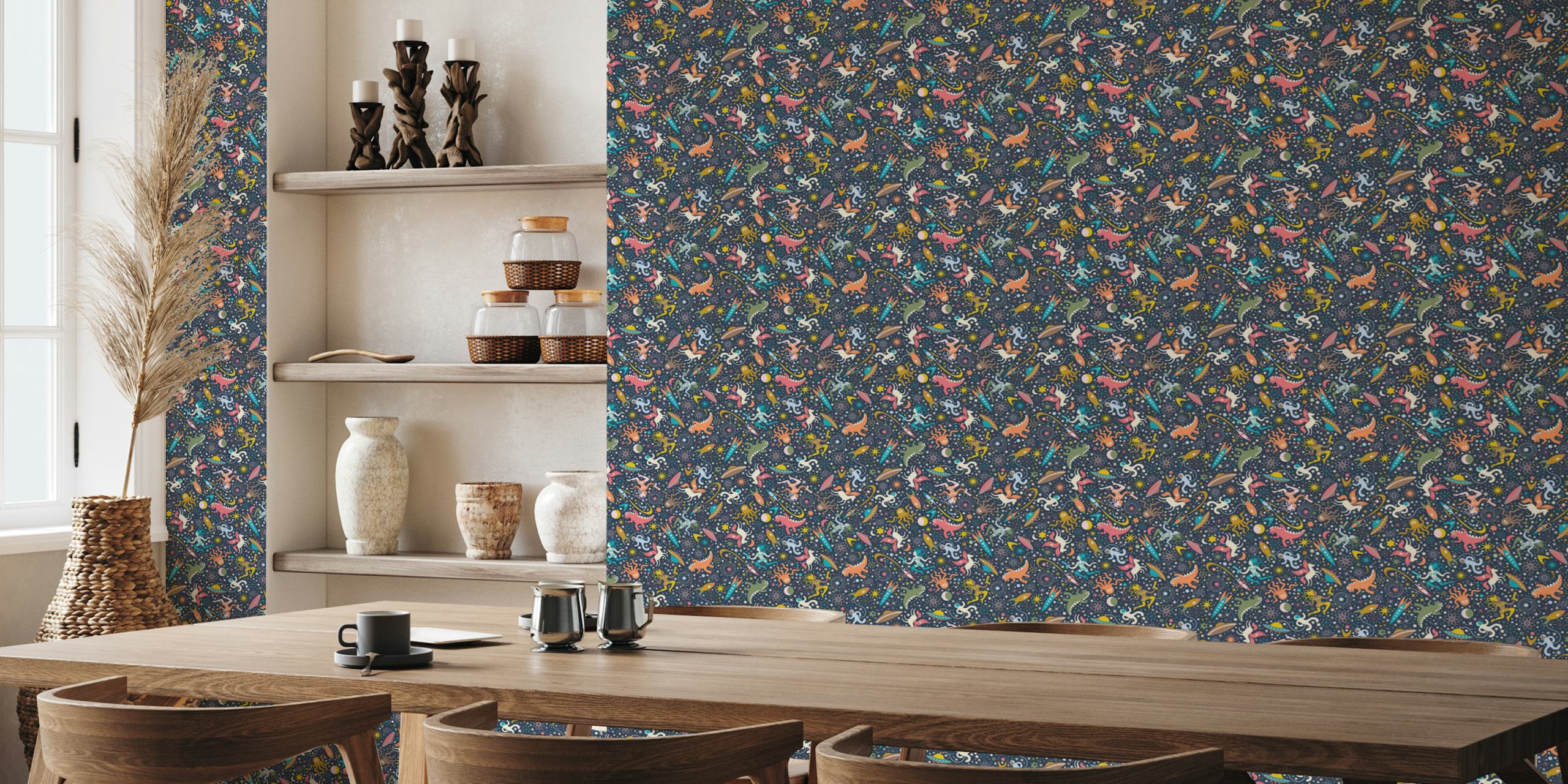 Design de papel de parede Midcentury Adventures em um quarto