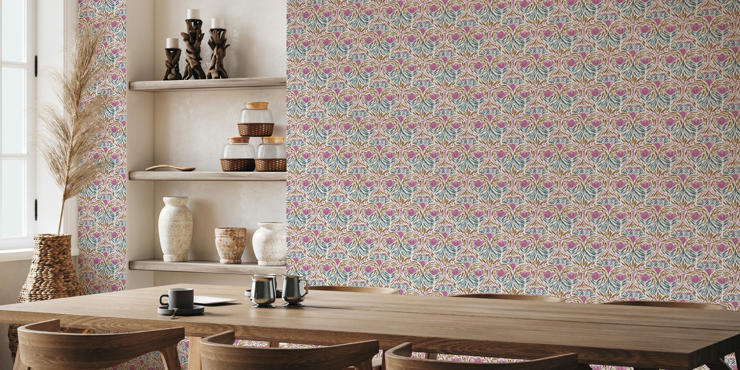 Floral heart pattern in pink and green tones on white background wallpaper