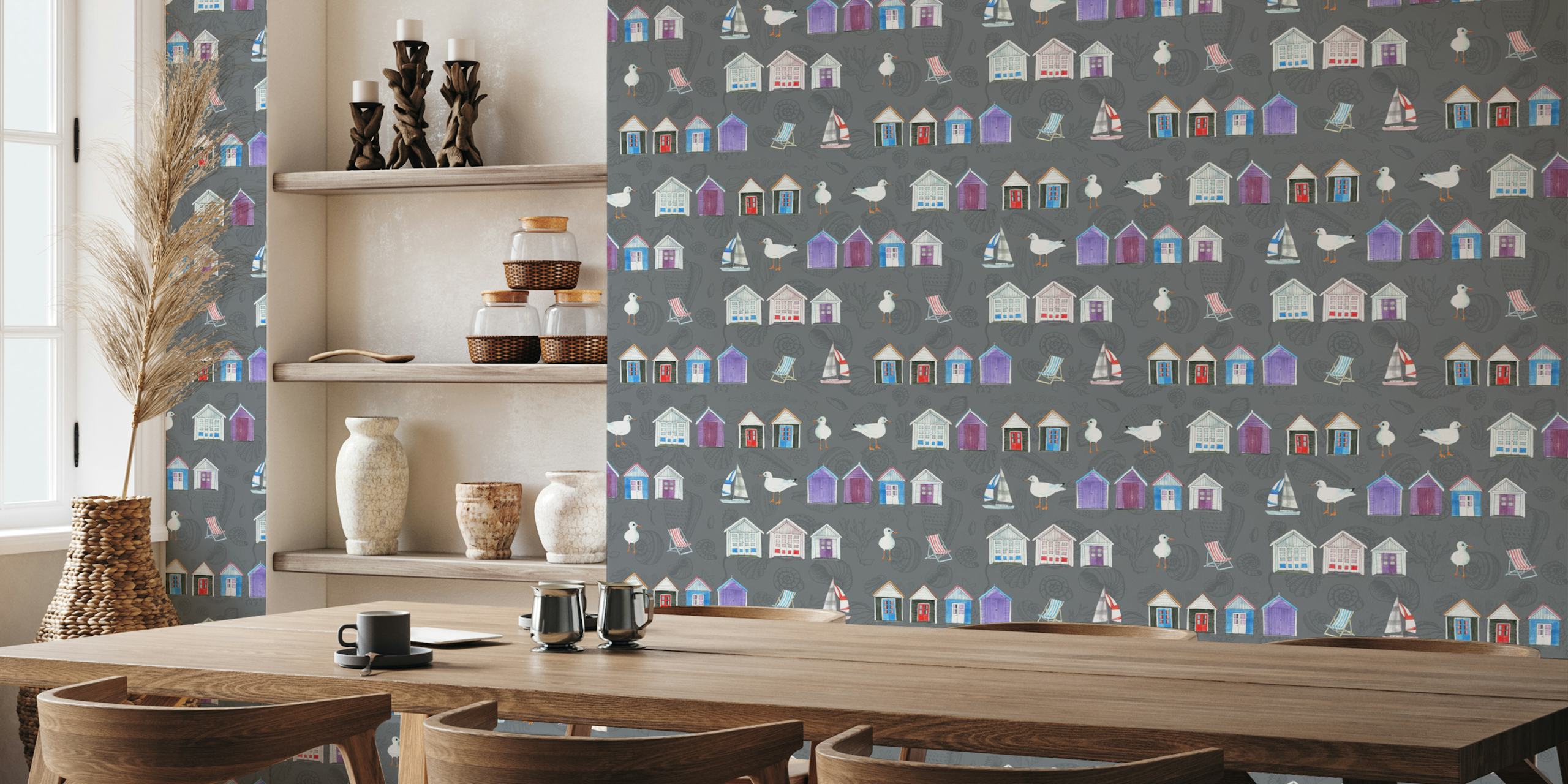 Colorful beach huts in grey wallpaper design