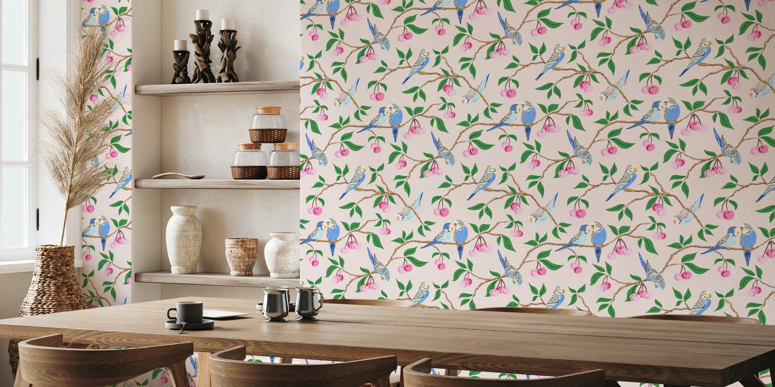 Budgies in Cherry Tree Tapete in einem Zimmer