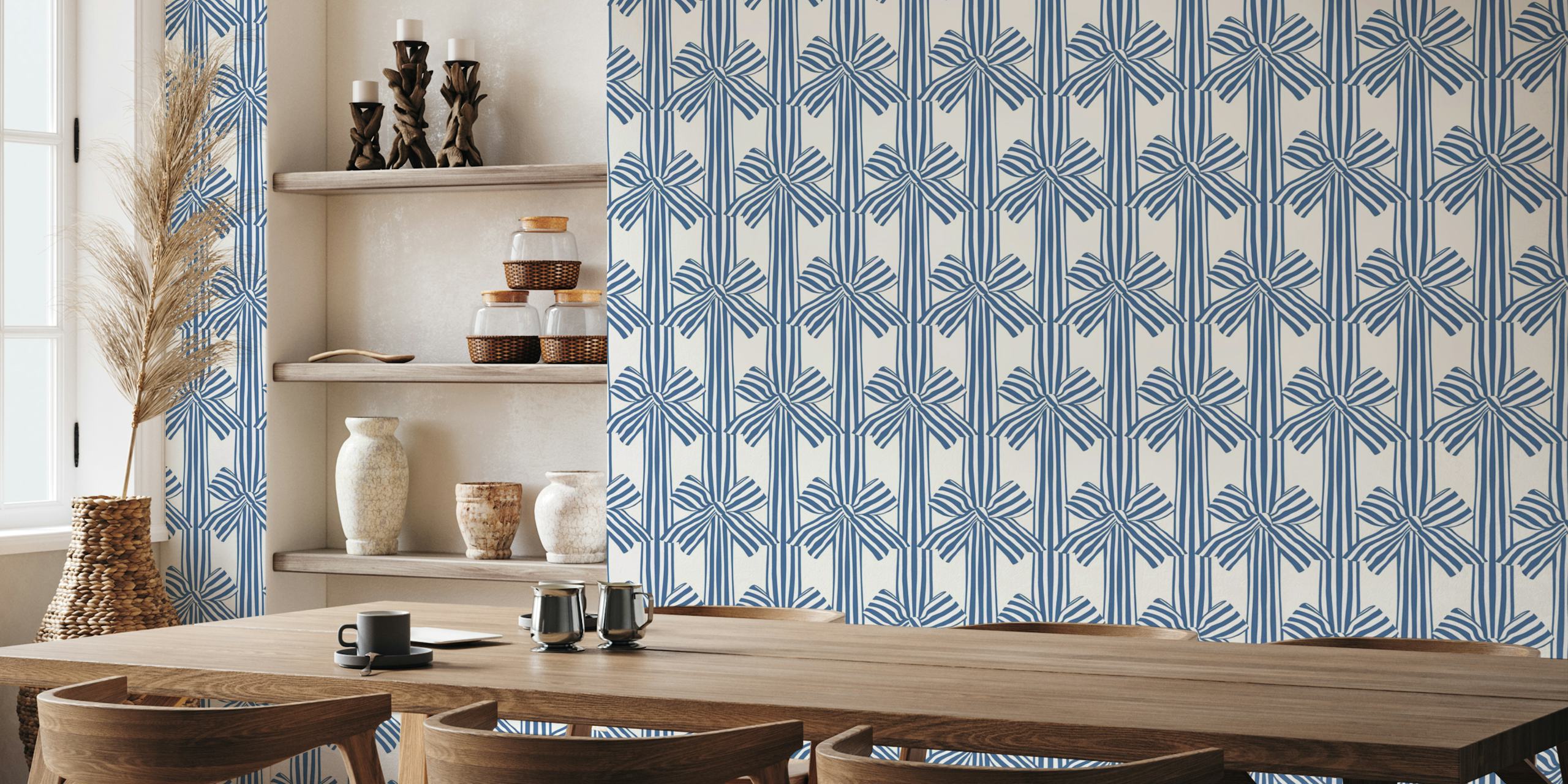 Navy blue festive bows wallpaper in a room