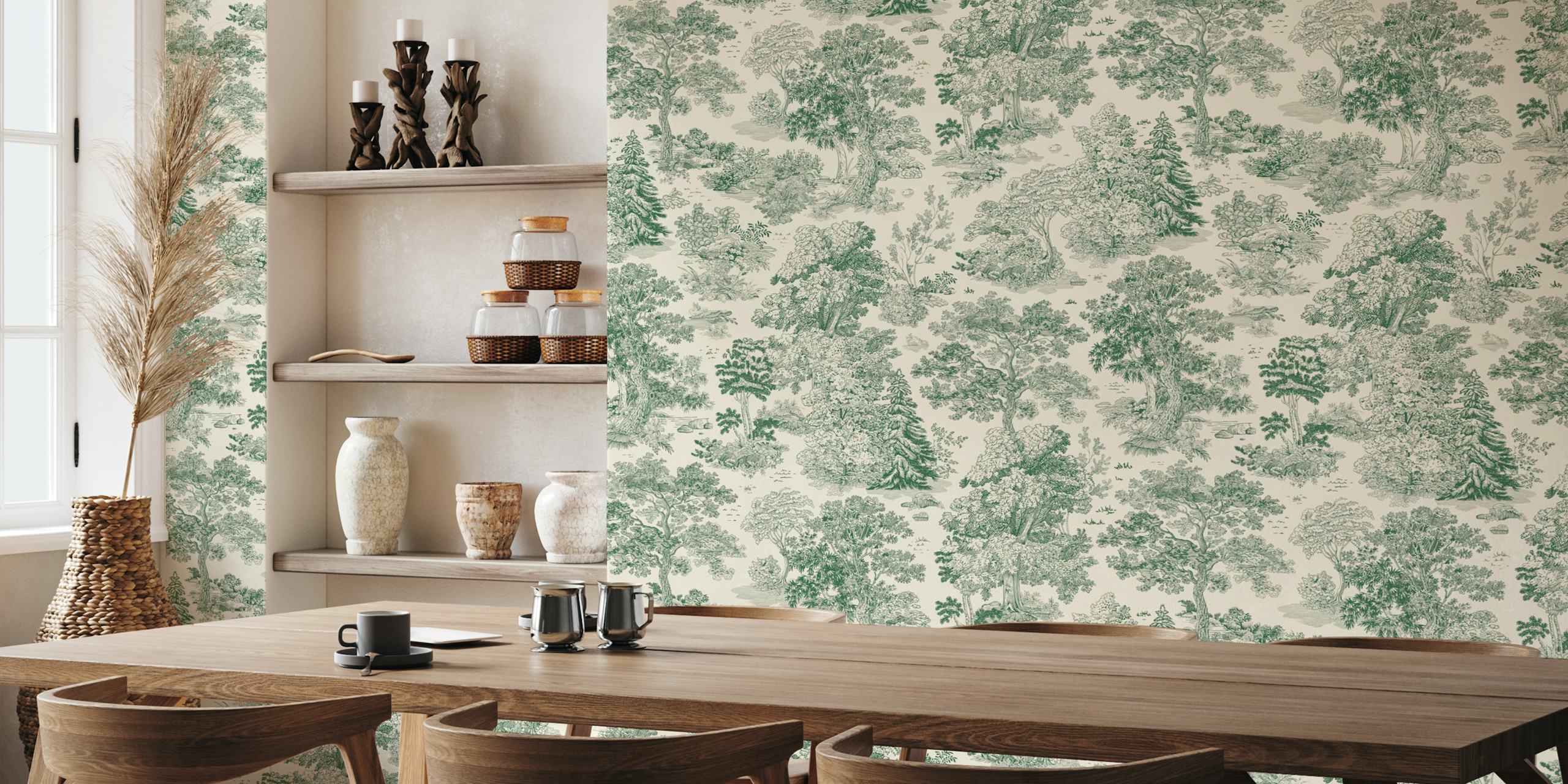 Detailed green tree illustrations on a light background wallpaper