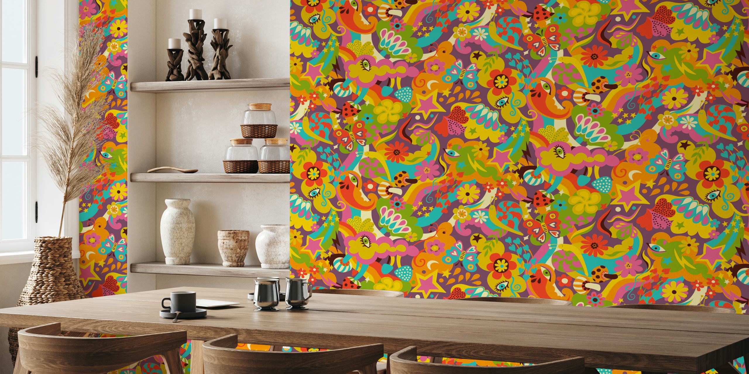 Colorful psychedelic patterns with flowers, butterflies, and abstract shapes wallpaper