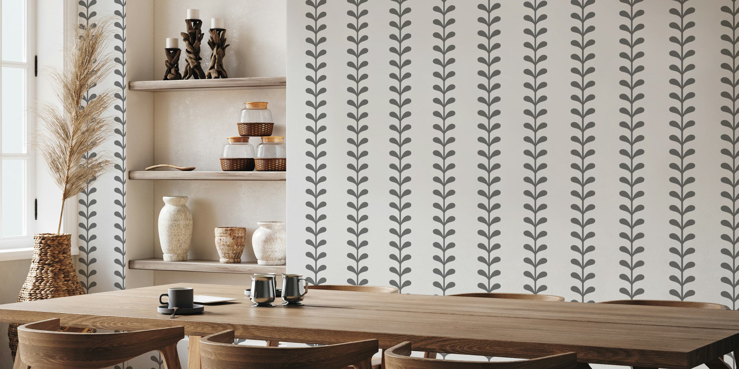 Carta da parati Botanical leaves stripes grey in una stanza