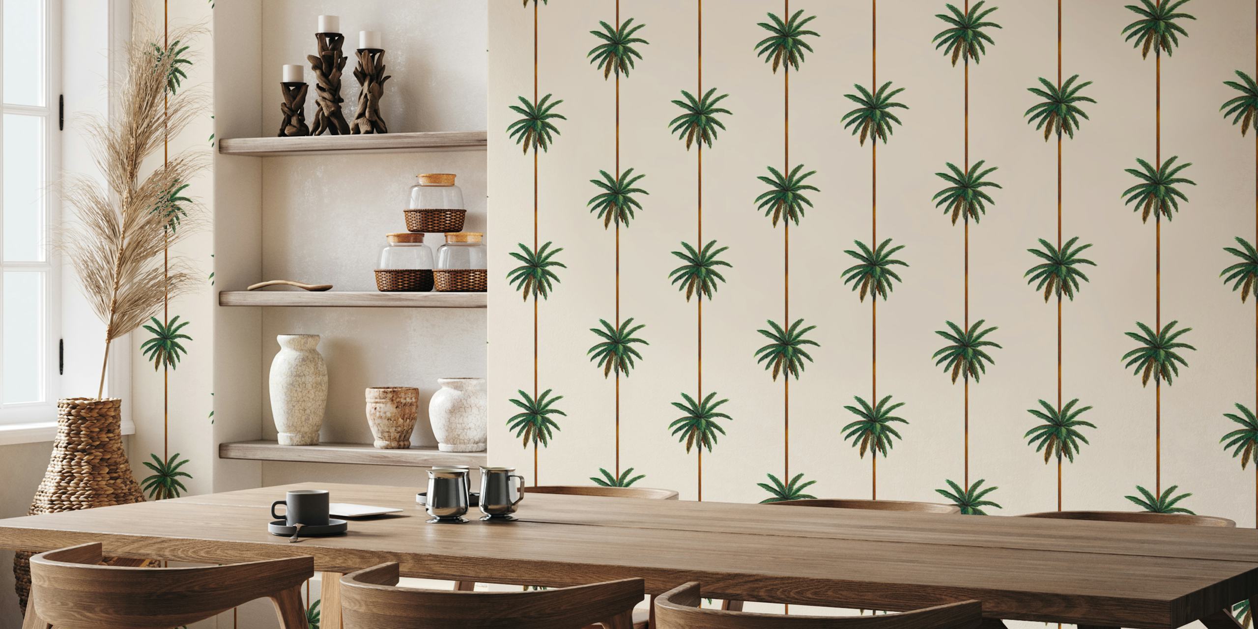 Palm trees with green leaves on off-white background wallpaper