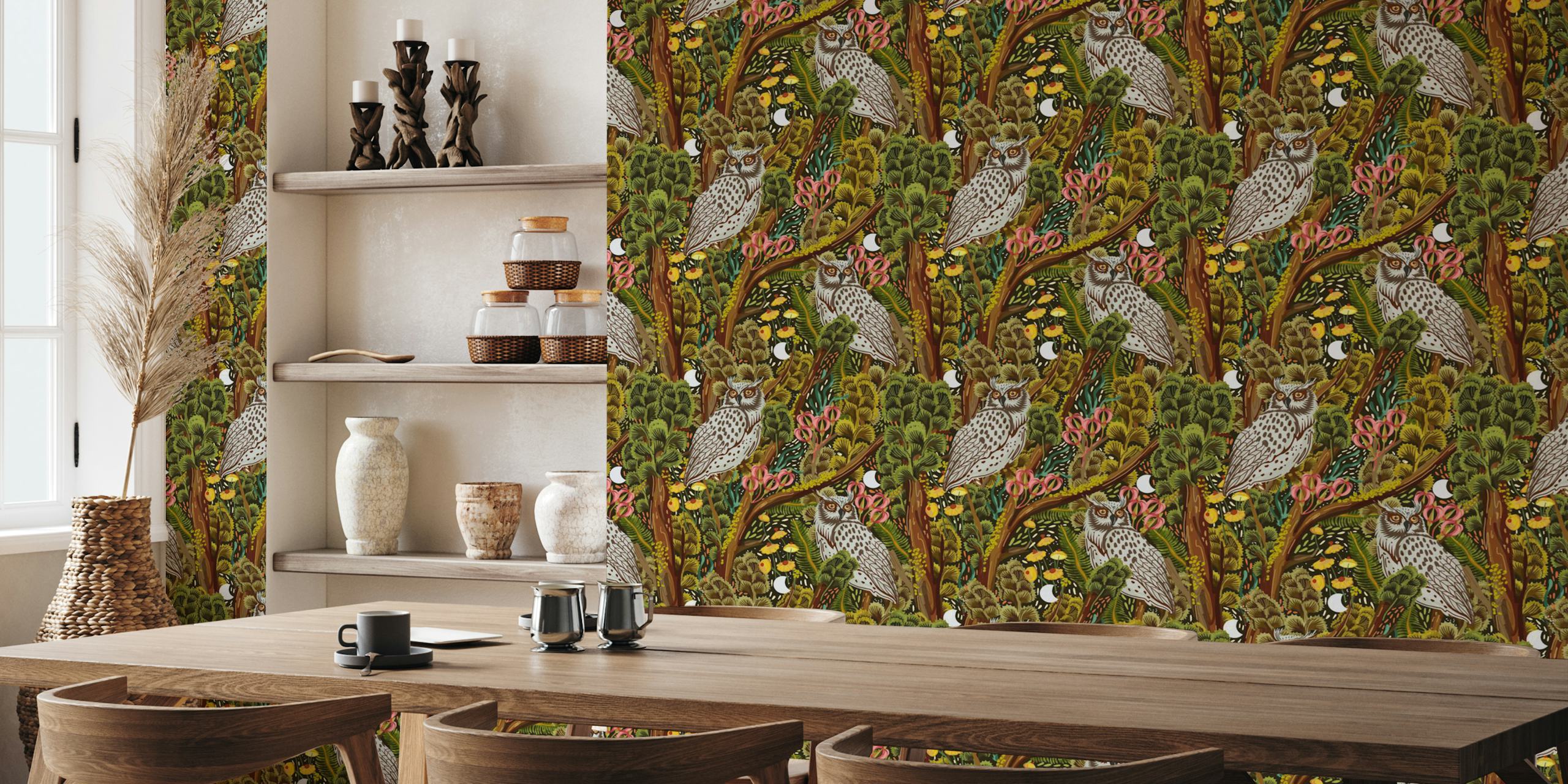 Forest scene with owls, colorful flowers, and trees wallpaper