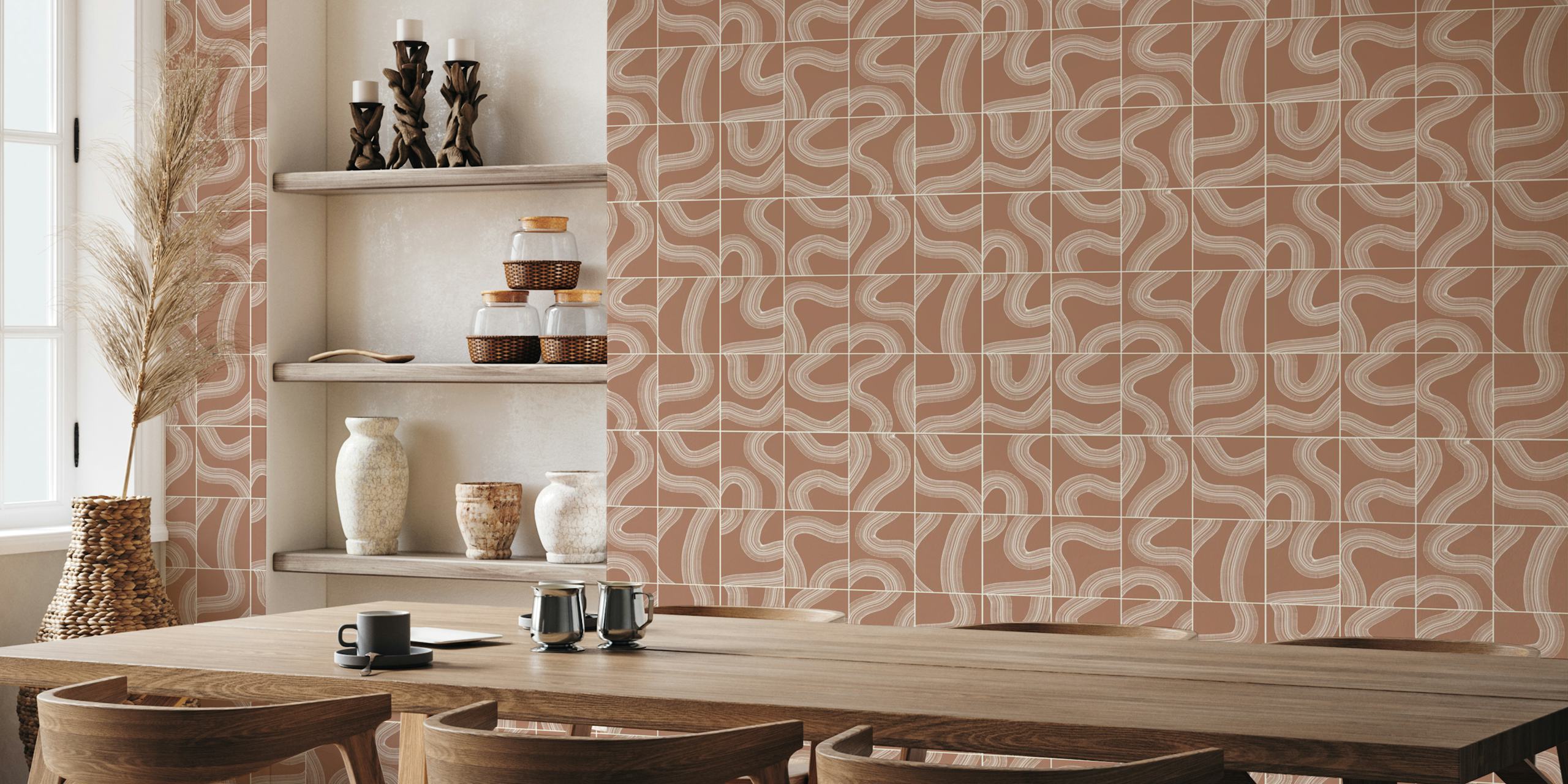Mocha brown abstract wavy lines pattern wallpaper