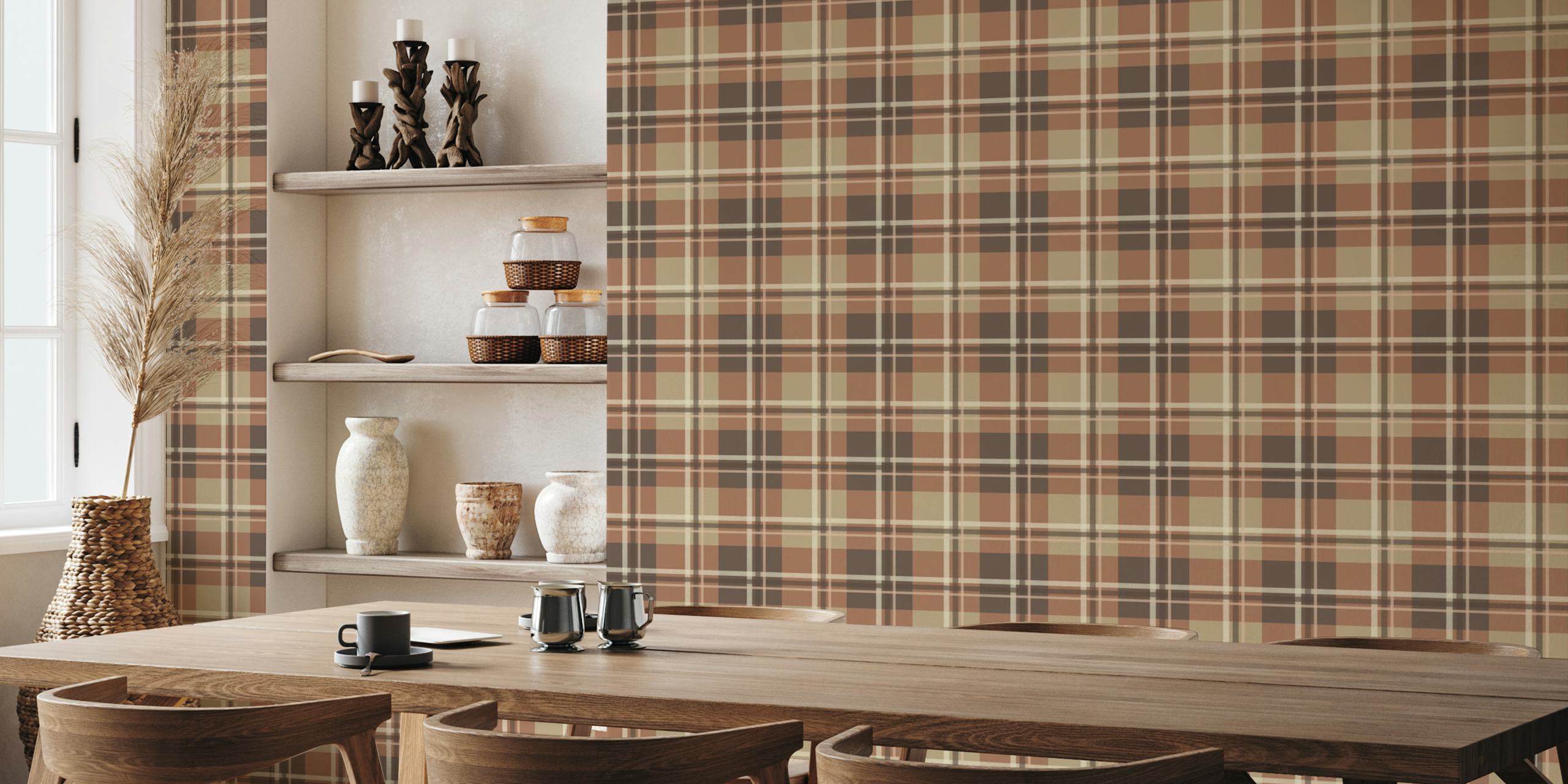 Brown plaid pattern wallpaper with warm tones