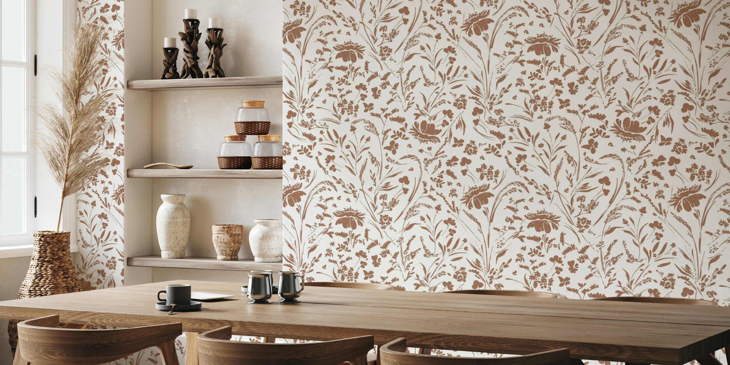 Brown floral pattern with various flowers and leaves wallpaper