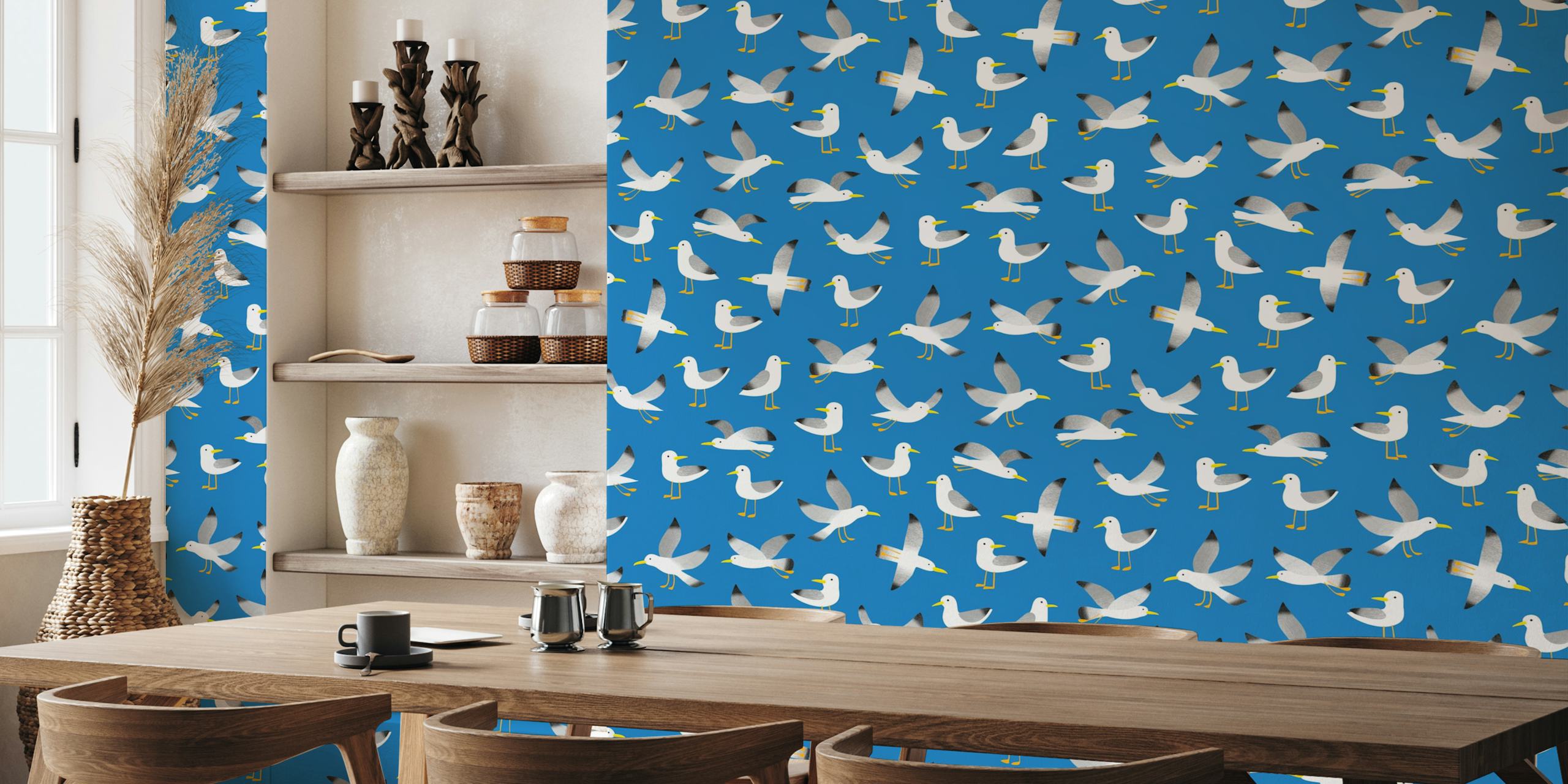 Seagulls on blue wallpaper in a room