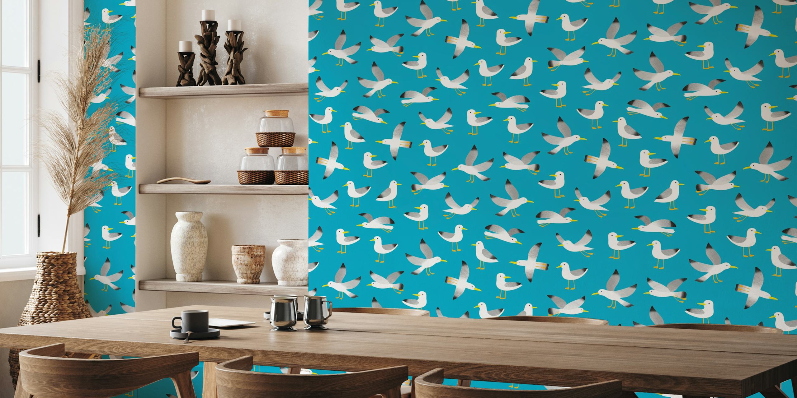 Seagulls on turquoise wallpaper design