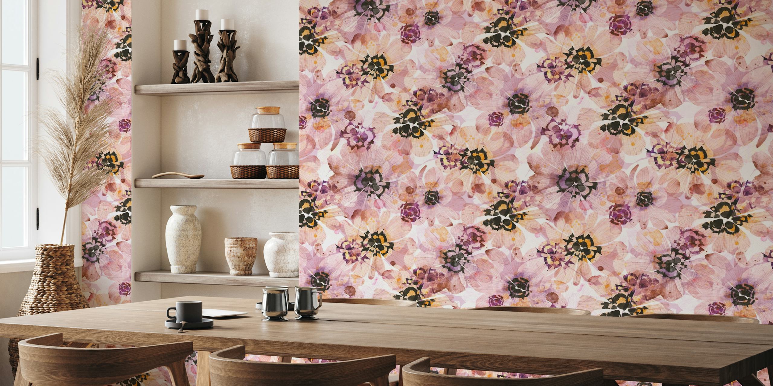 Pink floral design with black accents, soft bohemian style wallpaper