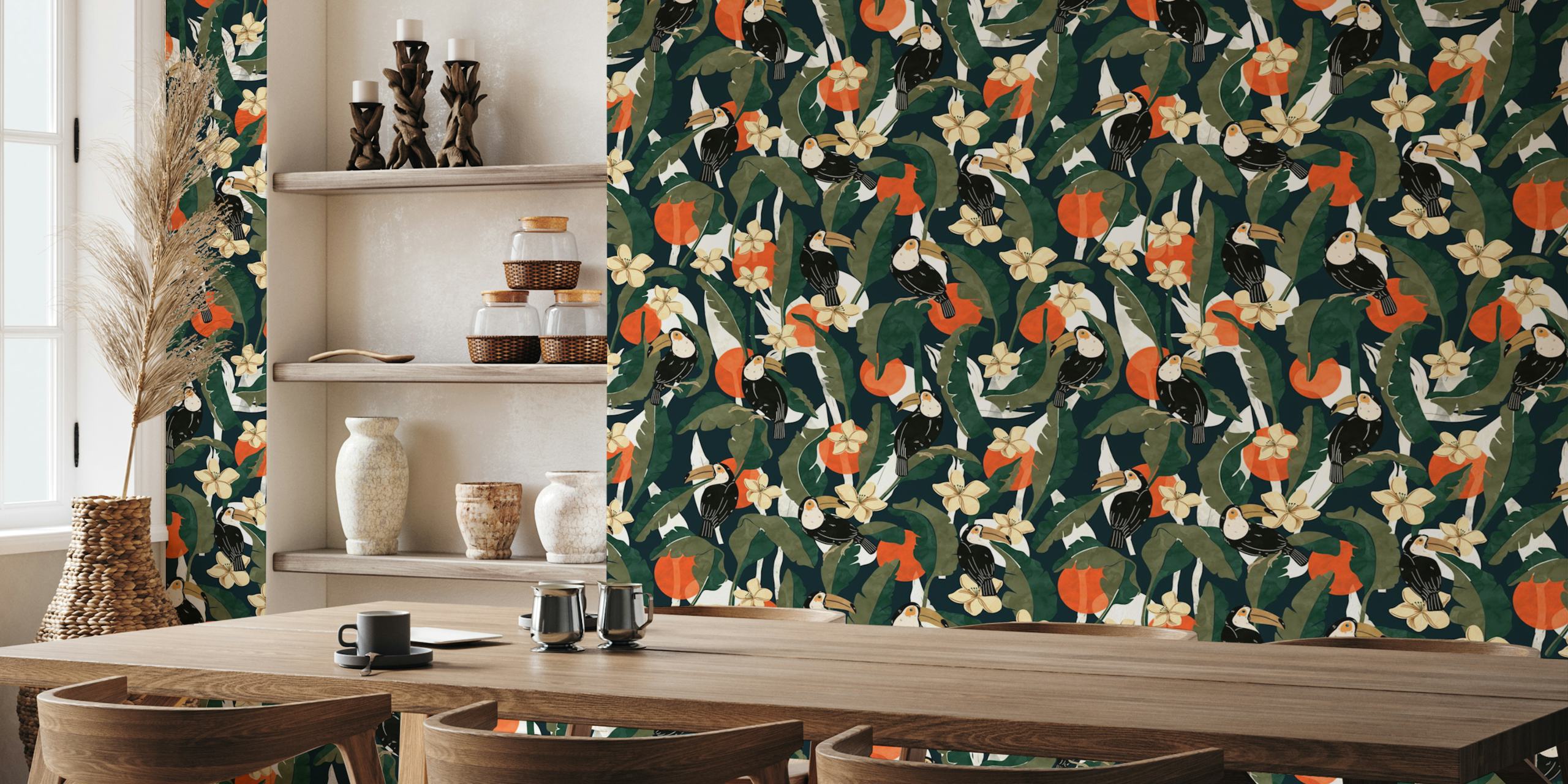 Toucan birds surrounded by tropical leaves and flowers wallpaper
