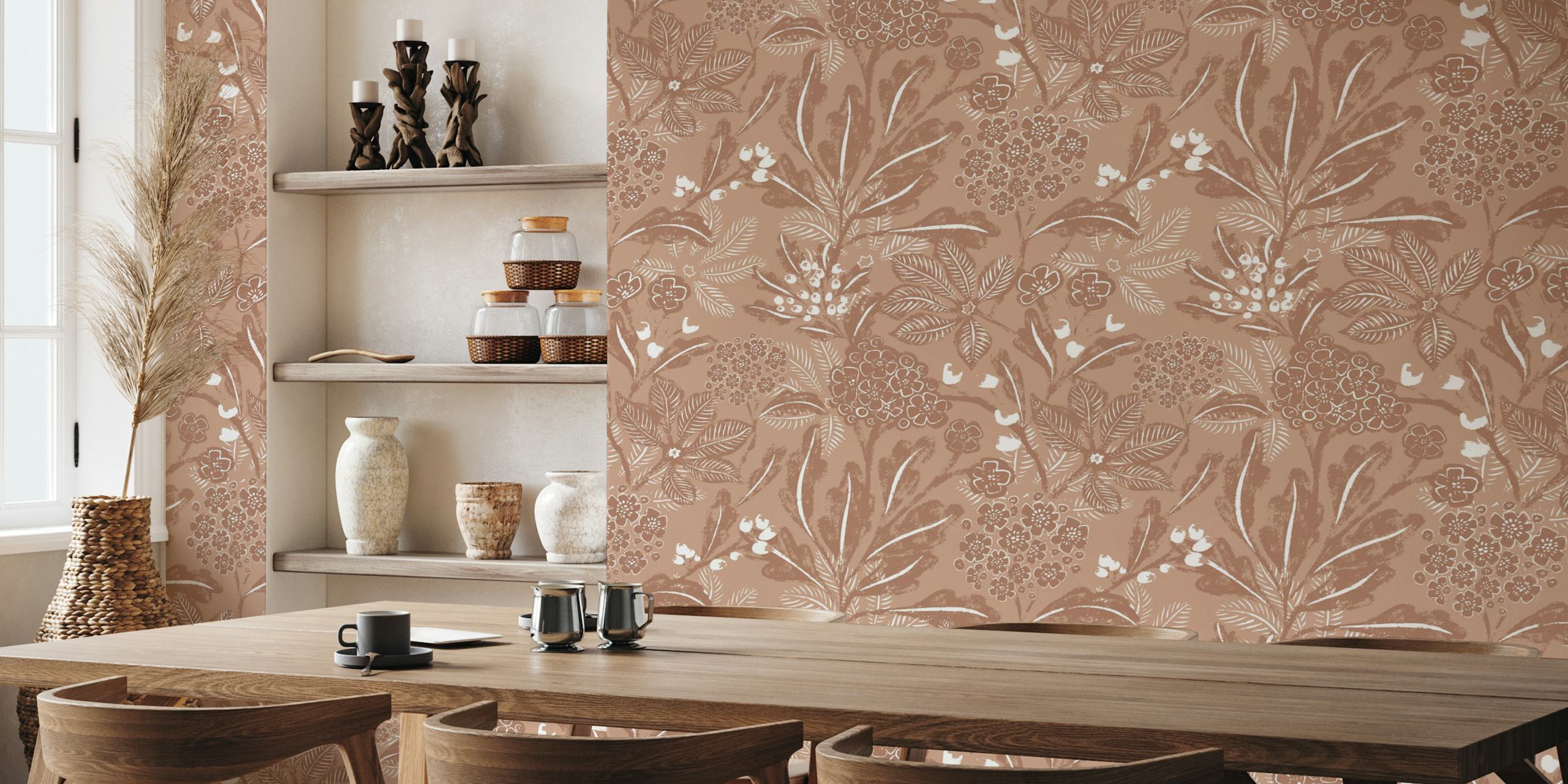 Floral sketches in mocha brown tones on cream wallpaper