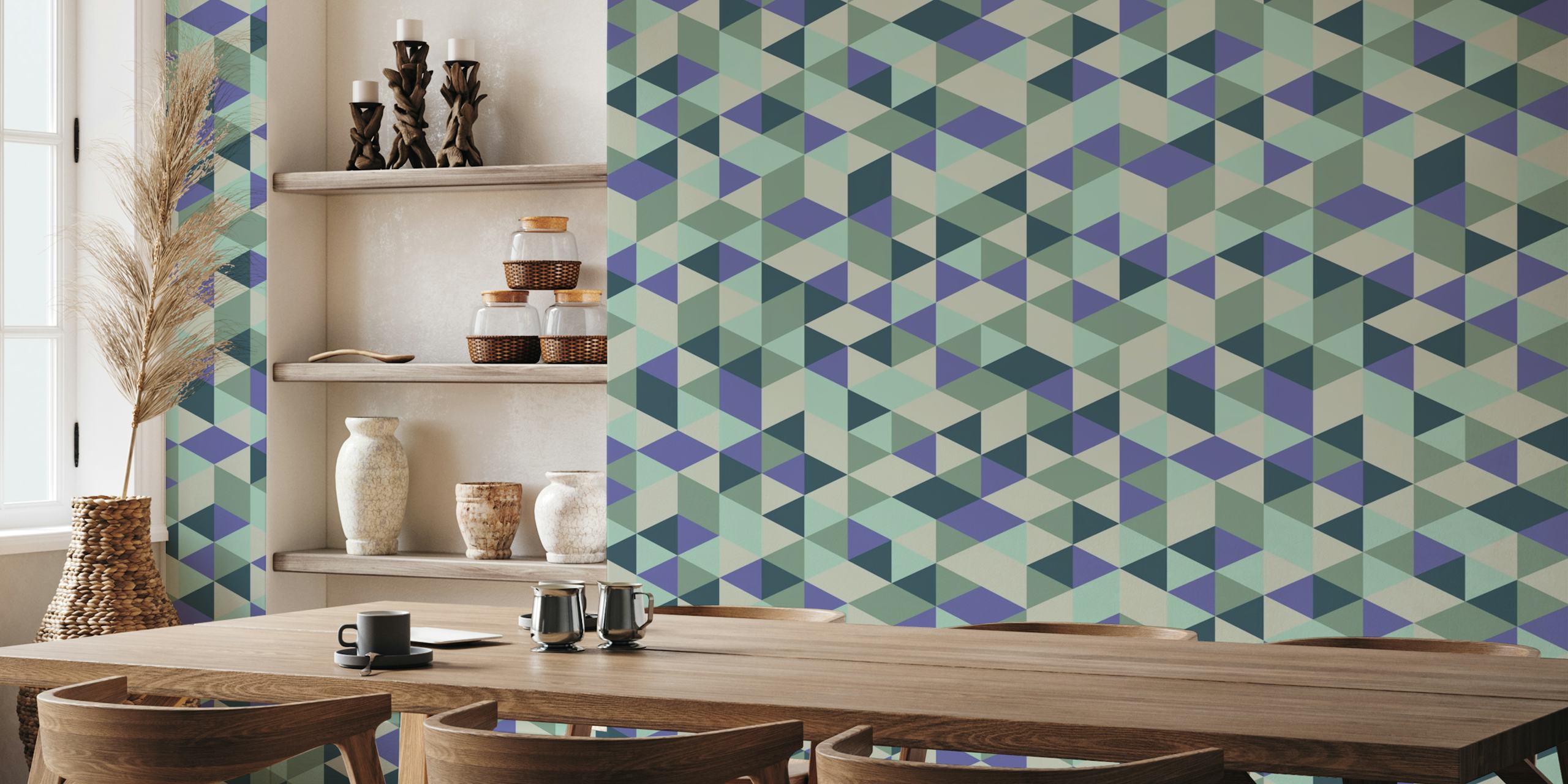 Cubist Aqua Mosaic wallpaper design in a room