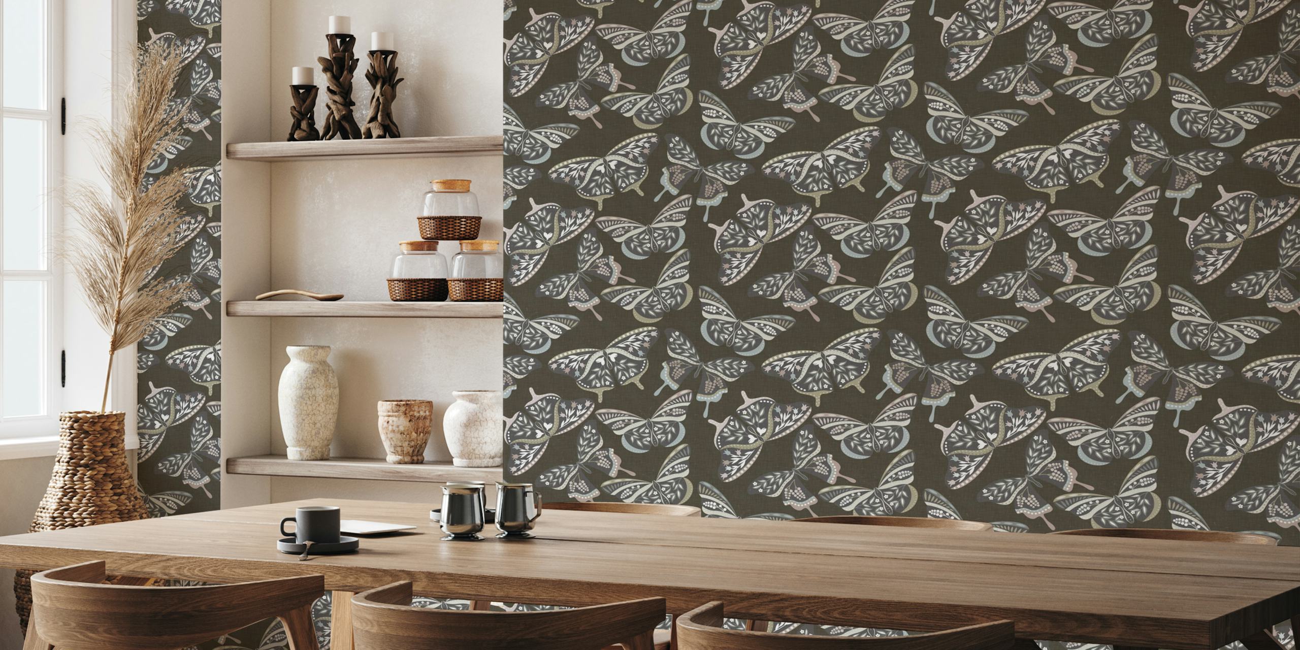 Bohemian butterfly wallpaper featuring muted shades of brown, gray, and pastel colors. Floral pattern design.