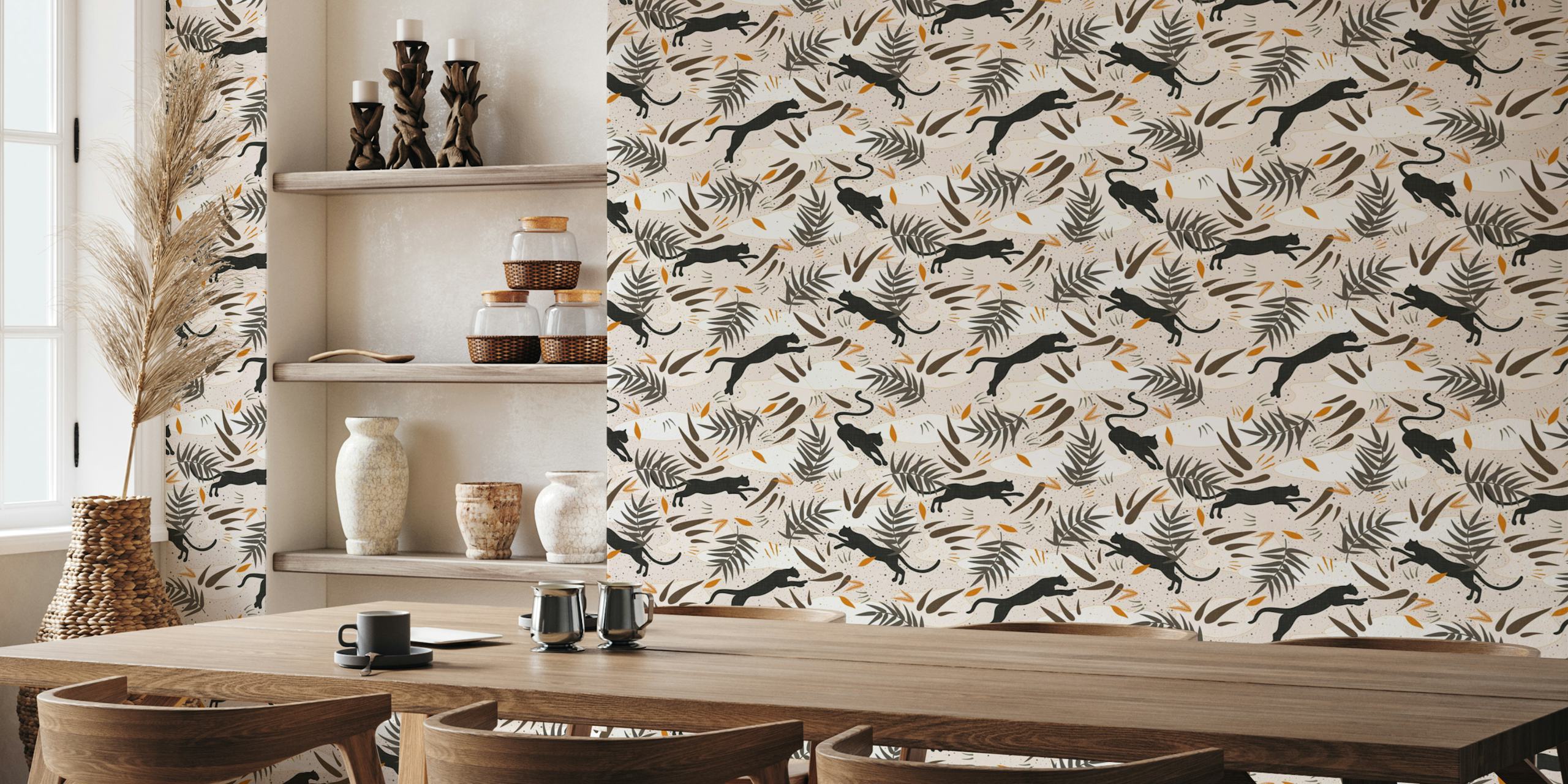 Black panthers and lush green leaves on beige background wallpaper