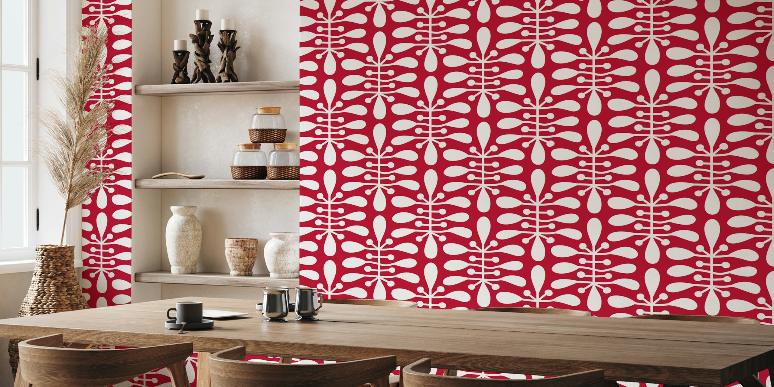 Red botanical pattern with white shapes wallpaper