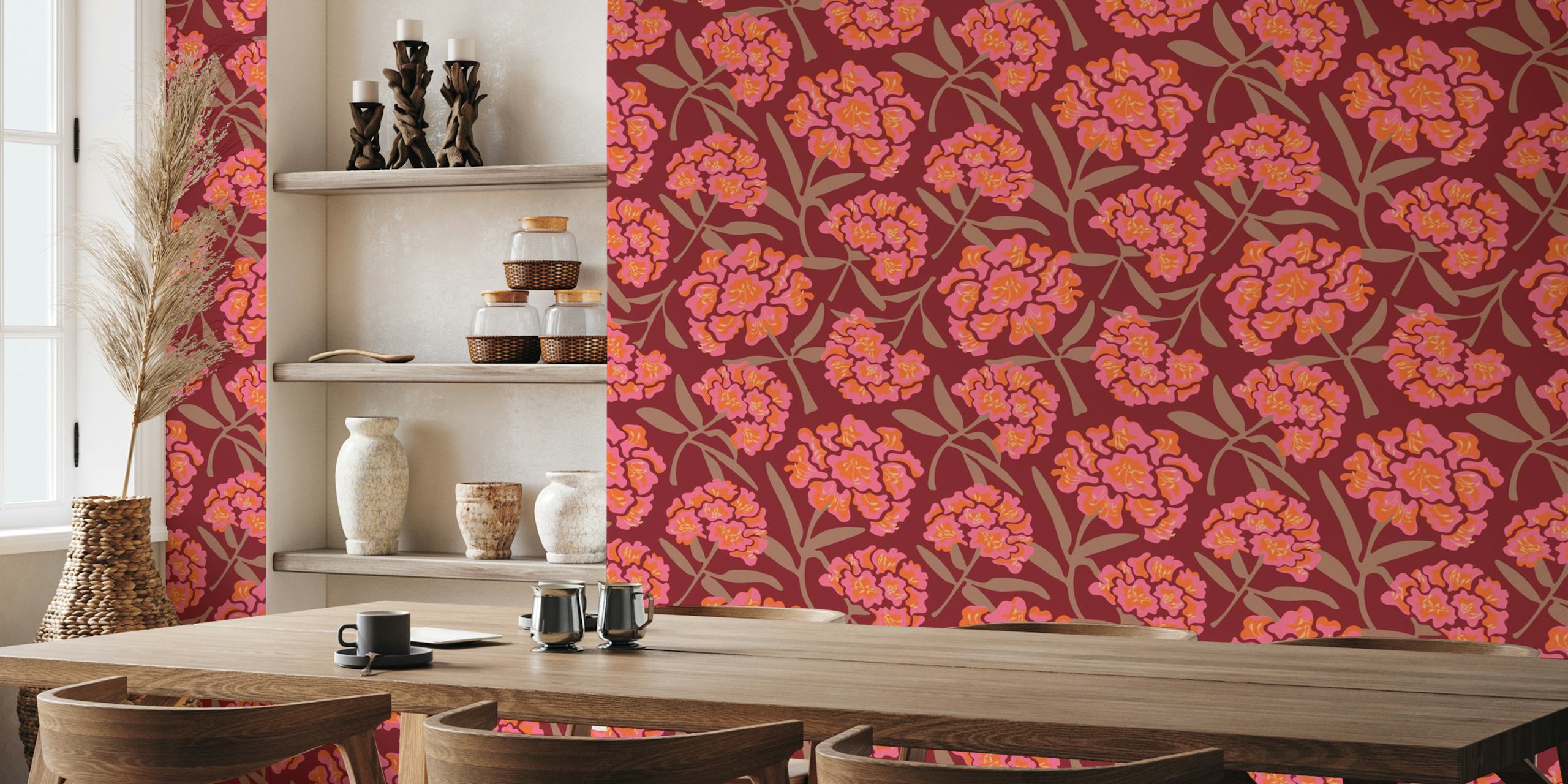 Papel pintado Rhododendrons Floral Mocha Mousse Red en la habitación