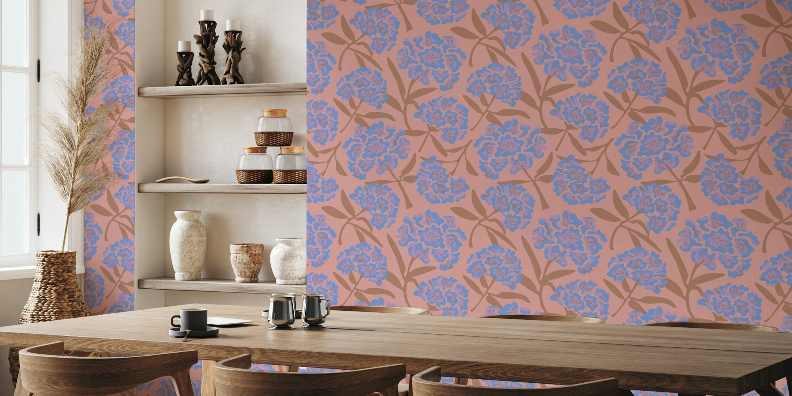 Rhododendrons Floral Mocha Mousse Rose-behang in een kamer